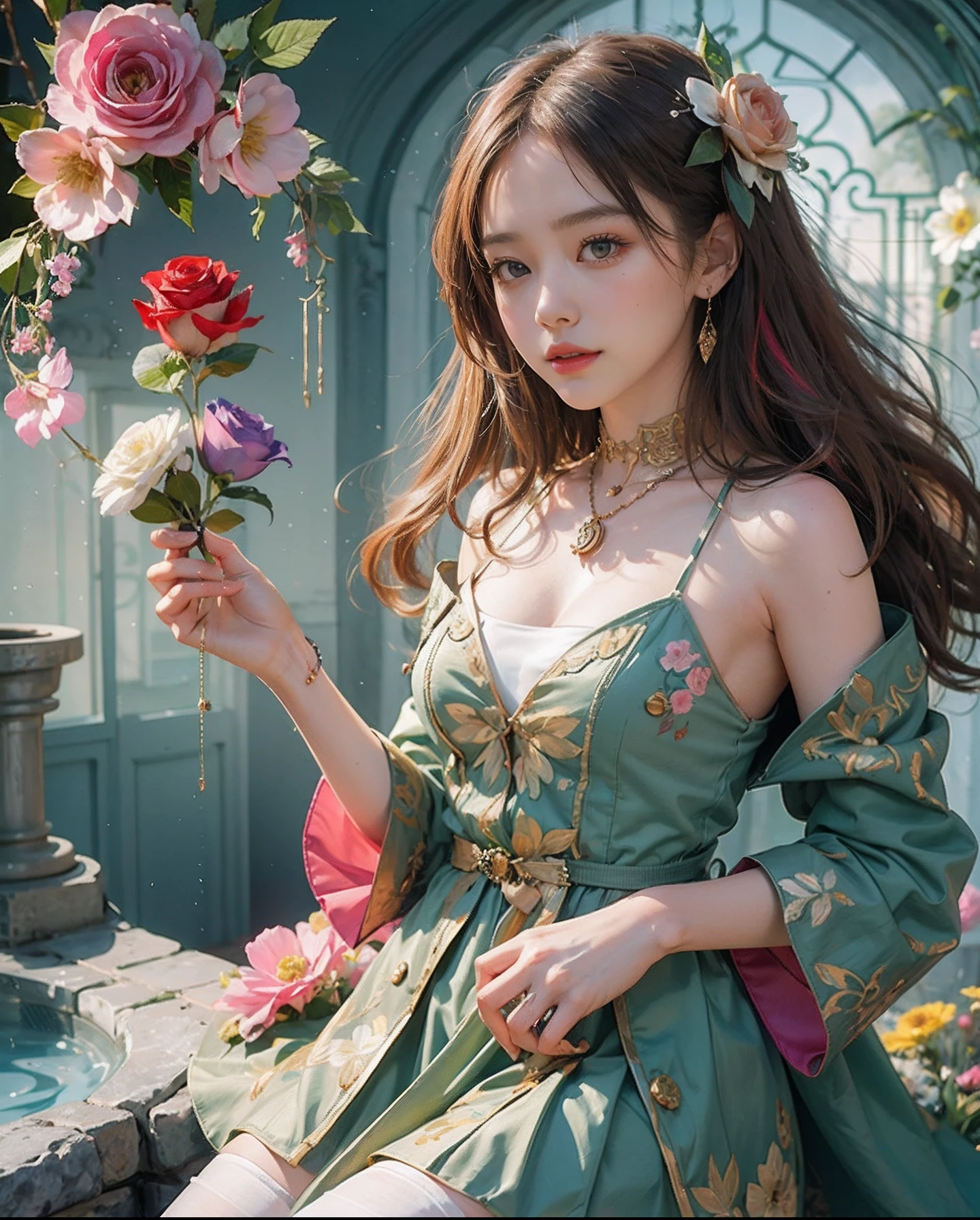 (the golden ratio:1.2),(Rose graffiti:1.2),(Fault Color:1.3),[(Bai:1.4)::10],(full body Esbian:1.2),(ultra-detailliert:1.3),(tarot：1.6）、（a sorceress（tarot）：1.6）、（paper：1.2）、（Leprechaun：1.6）、（fairy wings：1.2）、full body Esbian、Standing in the air、（Cool：1.2）、（long red hair),(butterfly hair ornament),(Floral hair ornament:1.0),((sandal,Locket)),(Colorful Cocktail Long Dress:1.0)+(Loose sleeves coat:1.3)+(Floating colorful tassels and ribbons:1.2) ),(white stockings:1.2),(Colorful ink paper flowers growing on the face:1.2),(Sea of colorful flowers:1.3),(Chaotic geometric images:1.3),(negative space:0.8),(Drawing board:1.3 )、(Ether Colorful Ink Flow:1.3)Finish as shown in the photo、