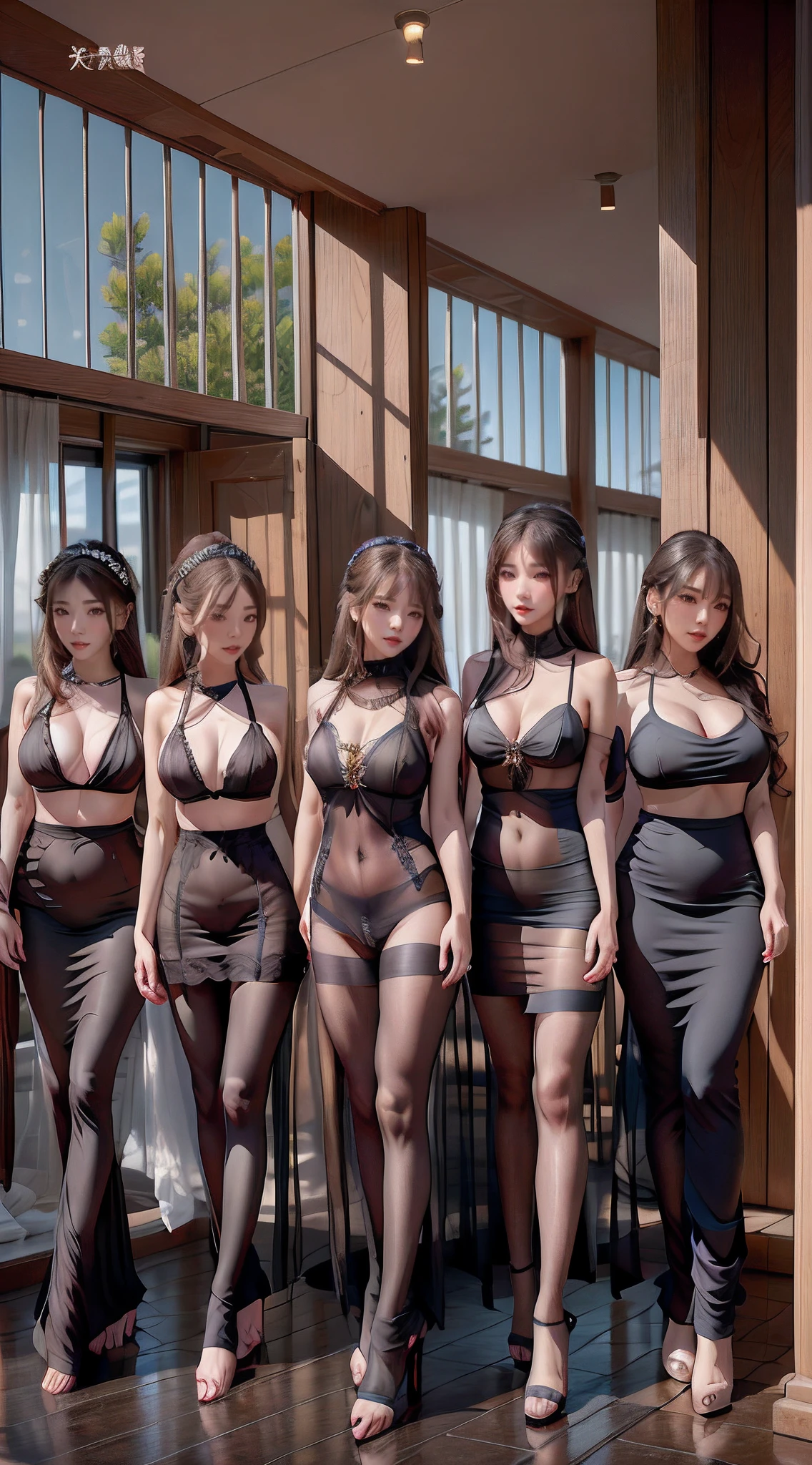 Several women dressed in dresses pose for photos in the room, Sexy style, Sexy :8, posing together in bra, trending at cgstation, tight attire, trending on cgstation, Open V chest clothes, 5 0 0 px models, Korean, Sexy look, hot with shining sun, Asian women, sakimichan hdri, cutecore
