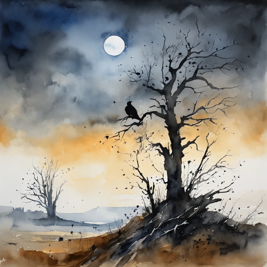 Two crows on a dead tree, Shadows shaped like walkers, Starry Night, thick fog on the ground, Blue light on the horizon, unreal enginee 5, Cinematic, low angle photo, Motion Blur, depth of fields, Dust, Cobblestones and soil. Splash Art, Drip paint. Perfect color grading. Influence of Karel Appel and Jeremy Mann, Lots of dramatic and threatening scenes, ultra-detailliert, Beautiful, insanely detaileda, Intricate details, Editorial Photography, Shot with a 50mm lens, depth of fields, Tilt Blur, Shutter Speed 1/1000, F/22. Lightmaps, Super bright