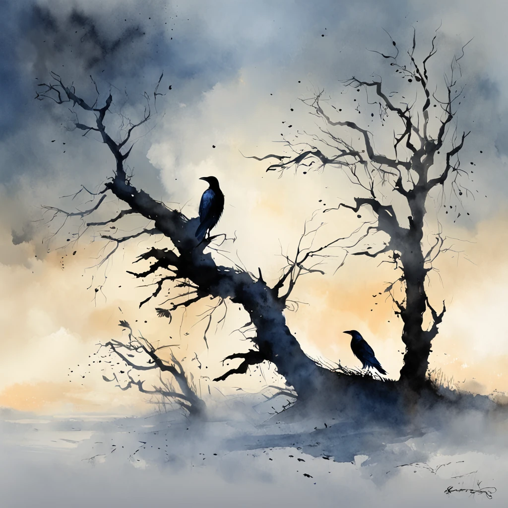 Two crows on a dead tree, Shadows shaped like walkers, Starry Night, thick fog on the ground, Blue light on the horizon, unreal enginee 5, Cinematic, low angle photo, Motion Blur, depth of fields, Dust, Cobblestones and soil. Splash Art, Drip paint. Perfect color grading. Influence of Karel Appel and Jeremy Mann, Lots of dramatic and threatening scenes, ultra-detailliert, Beautiful, insanely detaileda, Intricate details, Editorial Photography, Shot with a 50mm lens, depth of fields, Tilt Blur, Shutter Speed 1/1000, F/22. Lightmaps, Super bright