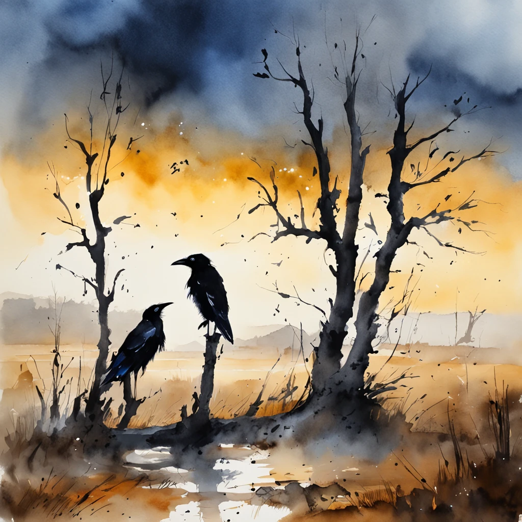 Two crows on a dead tree, Shadows shaped like walkers, Starry Night, thick fog on the ground, Blue light on the horizon, unreal enginee 5, Cinematic, low angle photo, Motion Blur, depth of fields, Dust, Cobblestones and soil. Splash Art, Drip paint. Perfect color grading. Influence of Karel Appel and Jeremy Mann, Lots of dramatic and threatening scenes, ultra-detailliert, Beautiful, insanely detaileda, Intricate details, Editorial Photography, Shot with a 50mm lens, depth of fields, Tilt Blur, Shutter Speed 1/1000, F/22. Lightmaps, Super bright