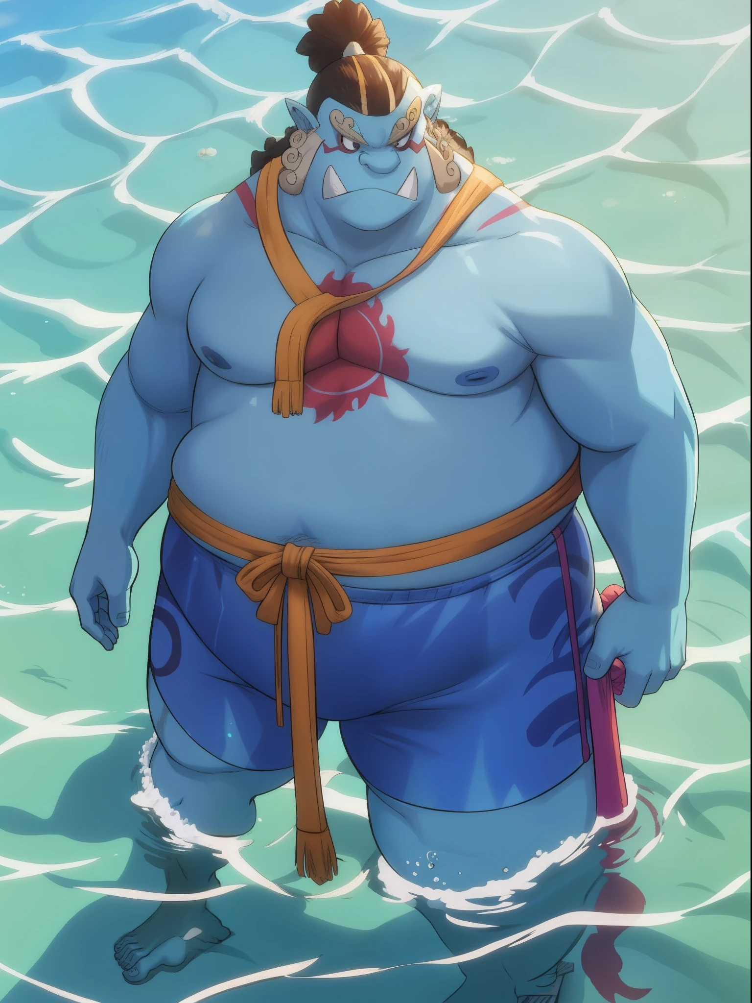 (Masterpiece), (Excellent), chubby, fat, man (jinbei) standing in beach, blue skin, swimming suit, swimming, jinbe, tusk