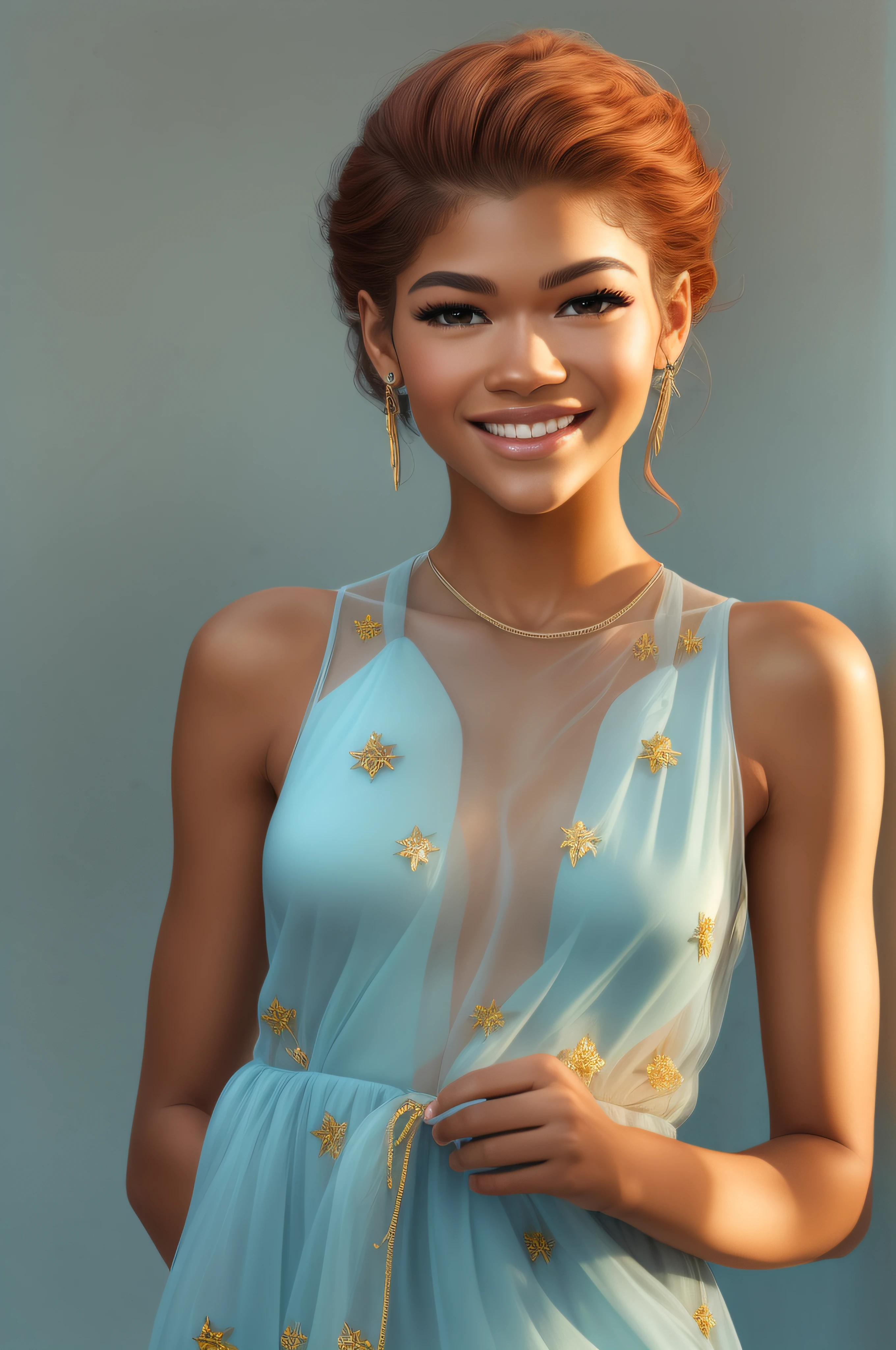 A full body of Zendaya, American, 25 years old, brown skin, brown eyes, delicate nose, soft and delicate lips, yellow-red hair, ultra-realistic HD photorealistic highly rendered engaging smile, dressed in an Ice blue 10% see-through truly short open dress.