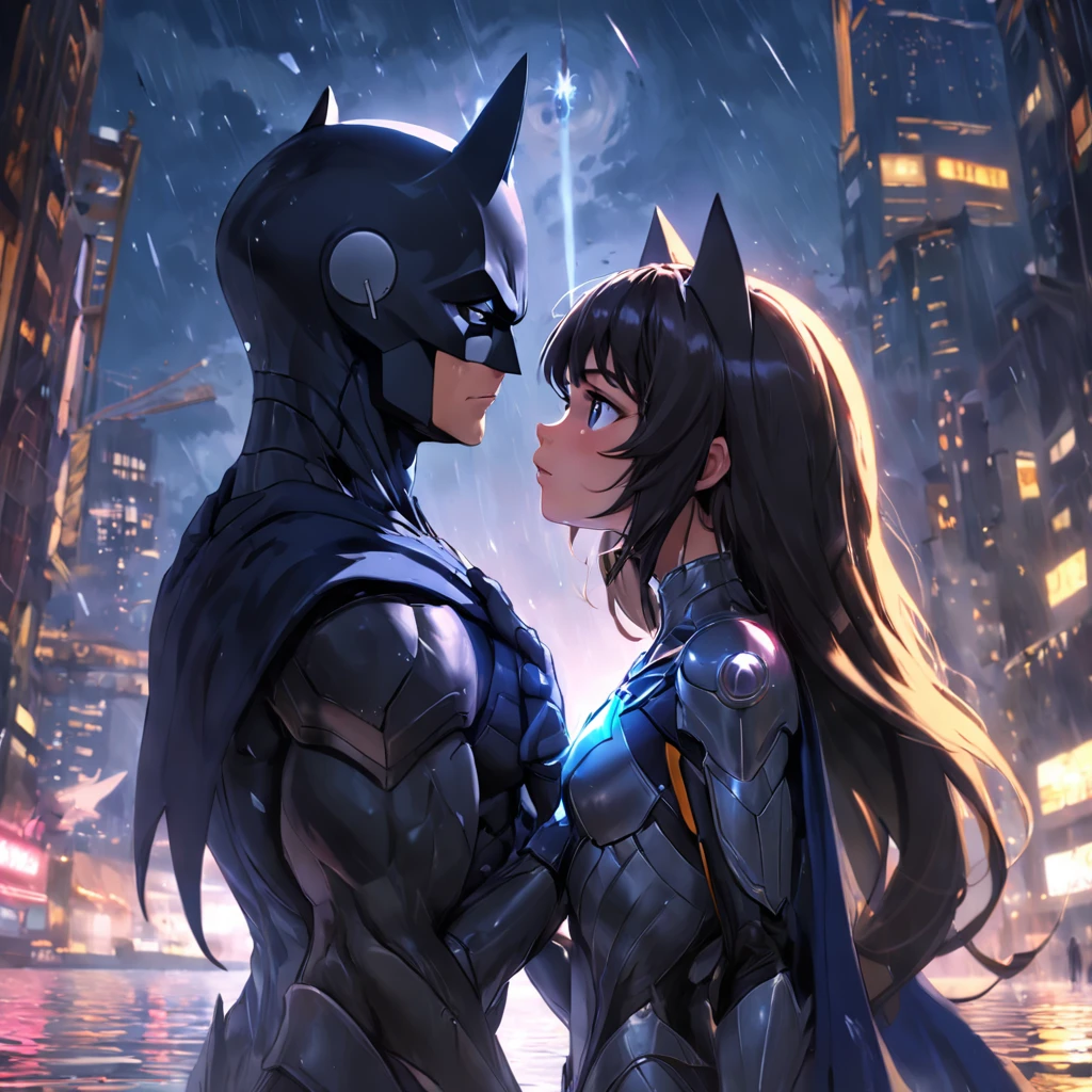 (Professional 3D rendering:1.3) de (Realistic:1.3) The most beautiful artistic photo in the world，Smooth function, Brilliant male hero, ((Batman e Mulher-Gato se encontram sozinhos em um telhado, your hearts wishing to connect. Como eles compartilham seus sonhos, Um toque suave e um olhar persistente falam muito. Under the moonlit sky, eles compartilham um beijo apaixonado, Knowing that your love is stronger than your superhero duties. interlaced fingers, They continue their mission, United and unstoppable.)), Full-body 8K drive rendering, action shot, poros da pele, very dark lighting, sombreamento pesado, um detalhado, detalhe face, (vibrancy, Fotogrdeia realista, Realistic, Dramatic, escura, foco nítido, 8k), (Roupas de couro preta:1.4), ((((Use skins)))), (Intrincado:1.4), decadente, (altamente detalhado:1.4), Pintura digital, rendering by octane, art stations, conceito-arte, liso, foco nítido, illustration, Do germe da arte, (Loish:0.23), Wlop Ilya Kuvshinov, e greg rutkowski e alphonse mucha gracias, (global ilumination, studiolight, Volume de Luz), chuva muito forte, floating particles, patife, genial, we, Corpo inteiroesbiano, ((Fundo escuro e antigo da cidade:1.3)),CGSesocieda,art stations