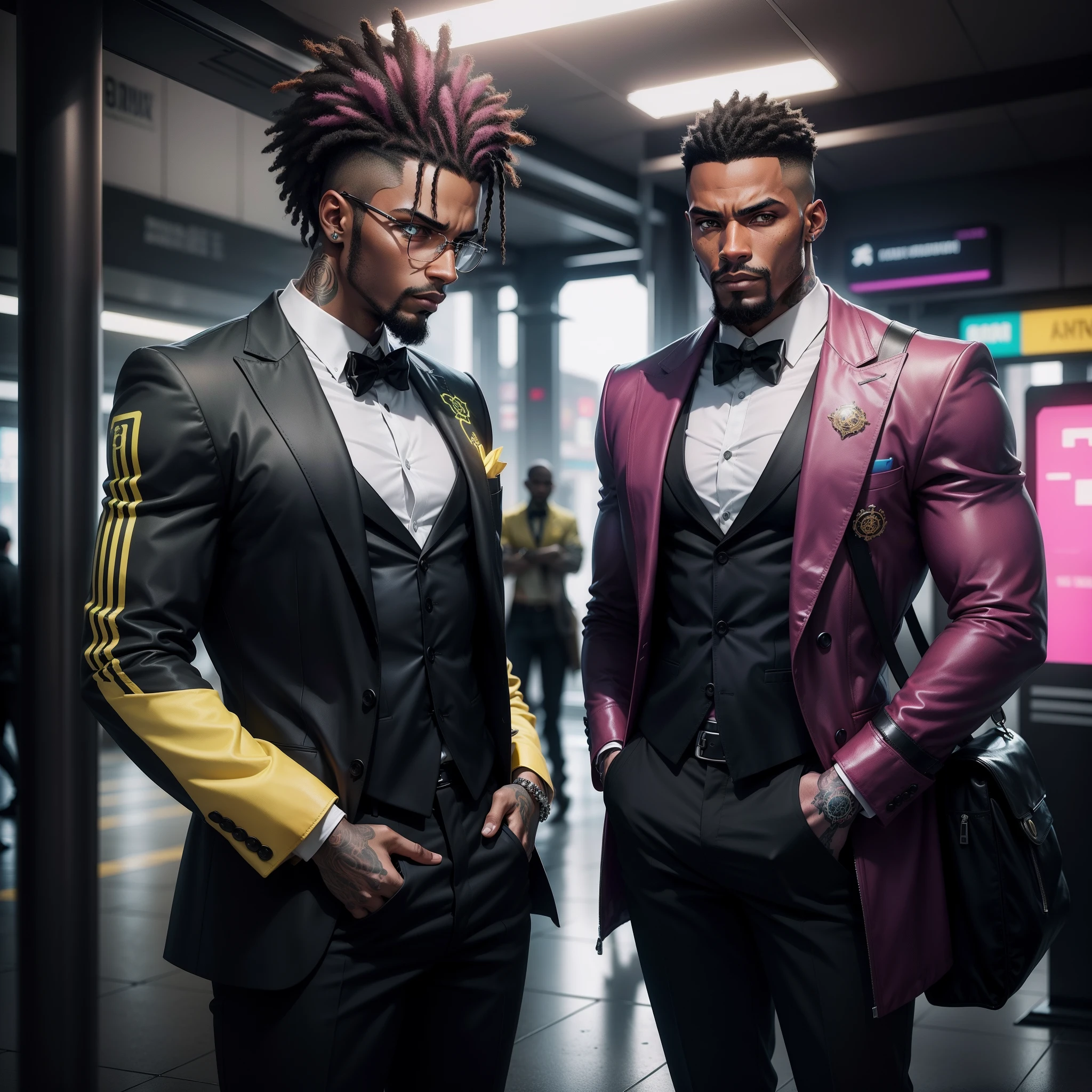 I'd like a cyberpunk style image in 4k average photo of two black characters ,20 anos de idade,,africano, forte, musculoso, de pele negra ,barba grande,barba, Estiloso Barbon,com cabelo punk estilo anos 80 na cor amarelo e cinza escuro,muito eLegante,, futurista e estiloso neon , com uma tatuagem super colorida e com neon ,Toattoo, facing a metro station on the platform , with station lights failing in a dimly lit environment, standing dressed in a dark yellow suit with a pink bow tie and baggy shirt.