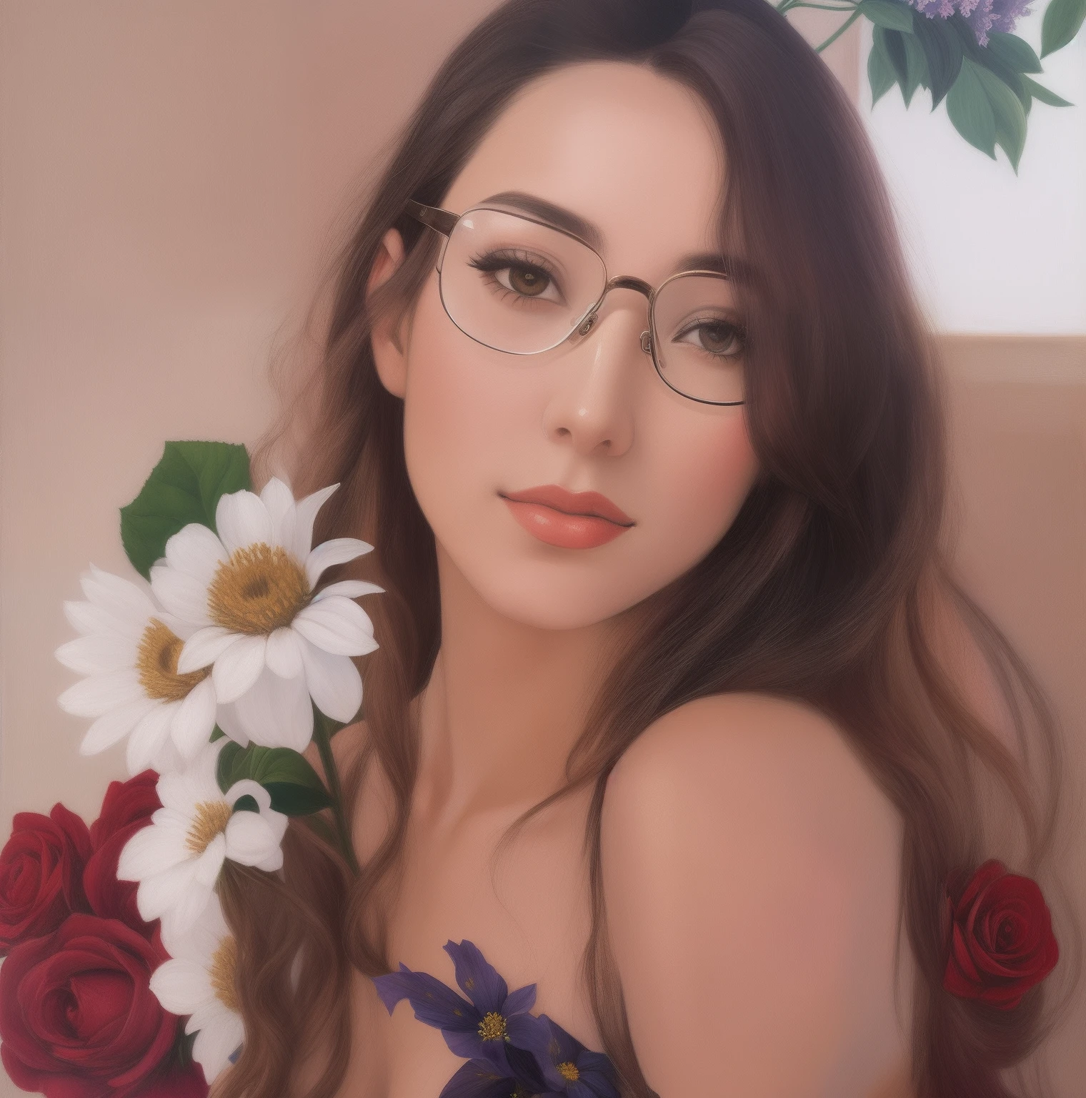 There's a bespectacled woman holding a flower in her hand, Retrato de meio corpo de Juliana, inspirado em Tsuguharu Foujita, olhando de lado, inspirado em Sandro Botticelli, com flores, inspirado em Filippino Lippi, in a oil painting style, With eye Glasses, com flores congeladas ao seu redor, deusa flor, imagem de perfil, Angiewolf