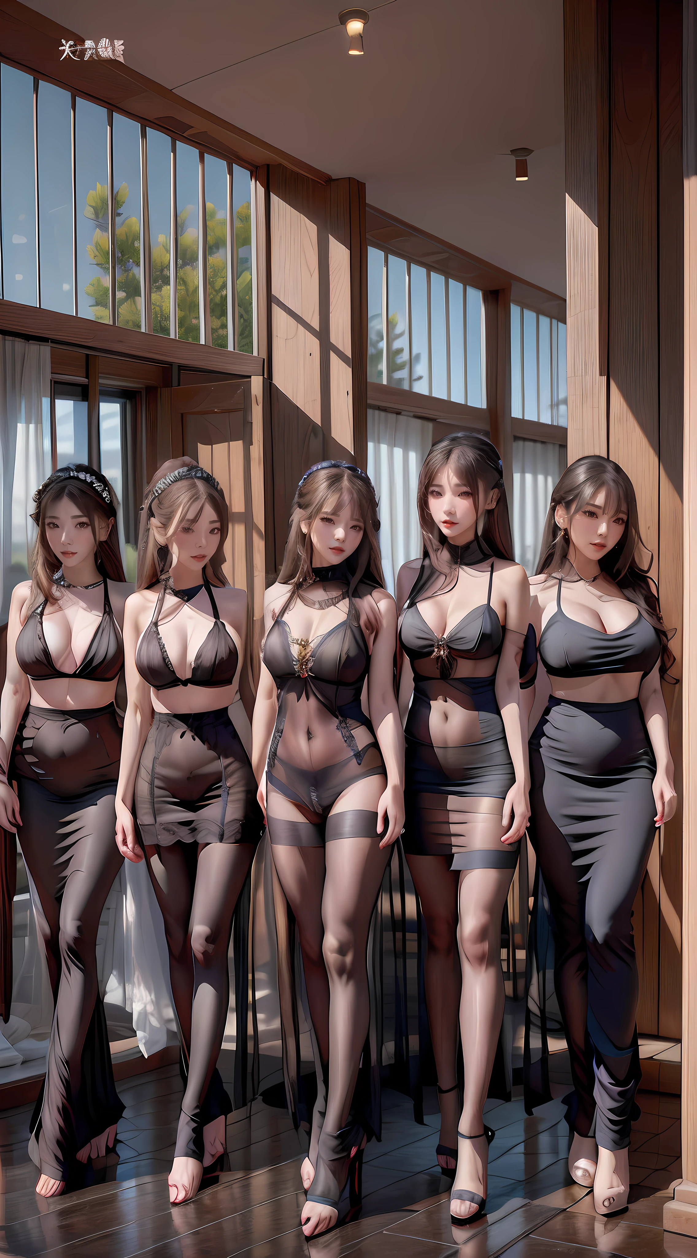 Several women dressed in dresses pose for photos in the room, Sexy style, Sexy :8, posing together in bra, trending at cgstation, tight attire, trending on cgstation, Open V chest clothes, 5 0 0 px models, Korean, Sexy look, hot with shining sun, Asian women, sakimichan hdri, cutecore