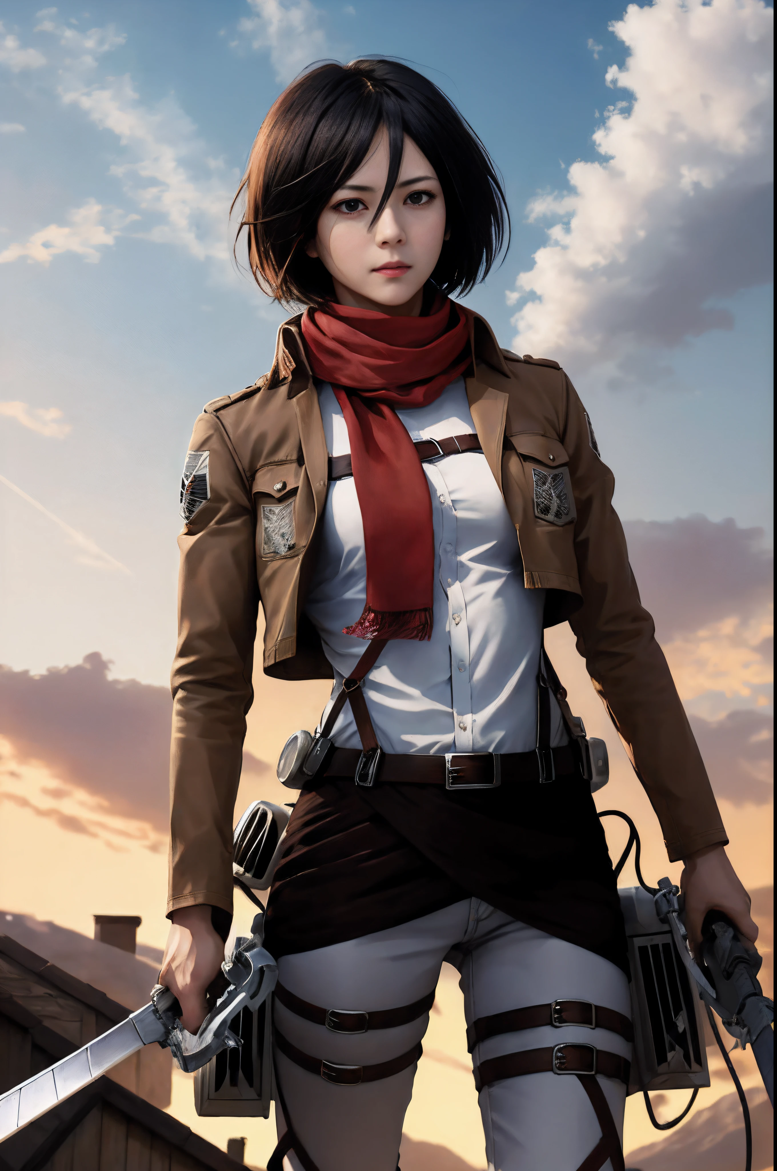 masterpiece, best quality, highres, hmmikasa, short hair, black eyes, scarf, emblem, belt, thigh strap, red scarf, white pants, brown jacket, long sleeves, holding weapon, sword, dual wielding, three-dimensional maneuver gear, fighting stance, sky,