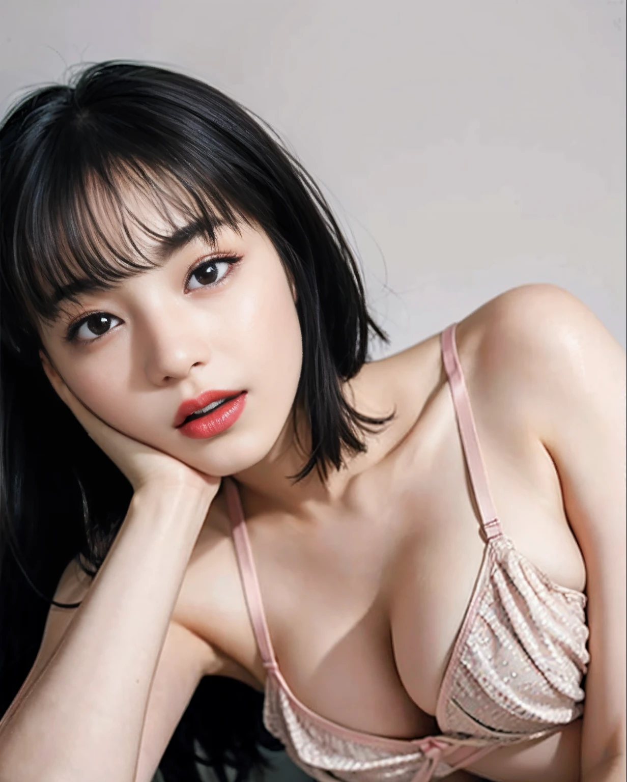 Top Quality, Photorealistic, 8K, High Definition, 1 Girl, Woman, (Sexy Pose: 1.9, Exposure: 1.9, Cleavage: 2), Gorgeous, (Big: 1.8), (Underwear: 2, Bra: 1.9, Lingerie: 1.4), (Short Hair: 2, Bob: 2, Parted Bangs: 1.6), Watch Viewer, (1 Girl's Eyes: 1.6), Photorealistic, (Bokeh), (Floating Hair, Lips, Open Mouth: 1.43), Gorgeous, pureerosface_v1:1,