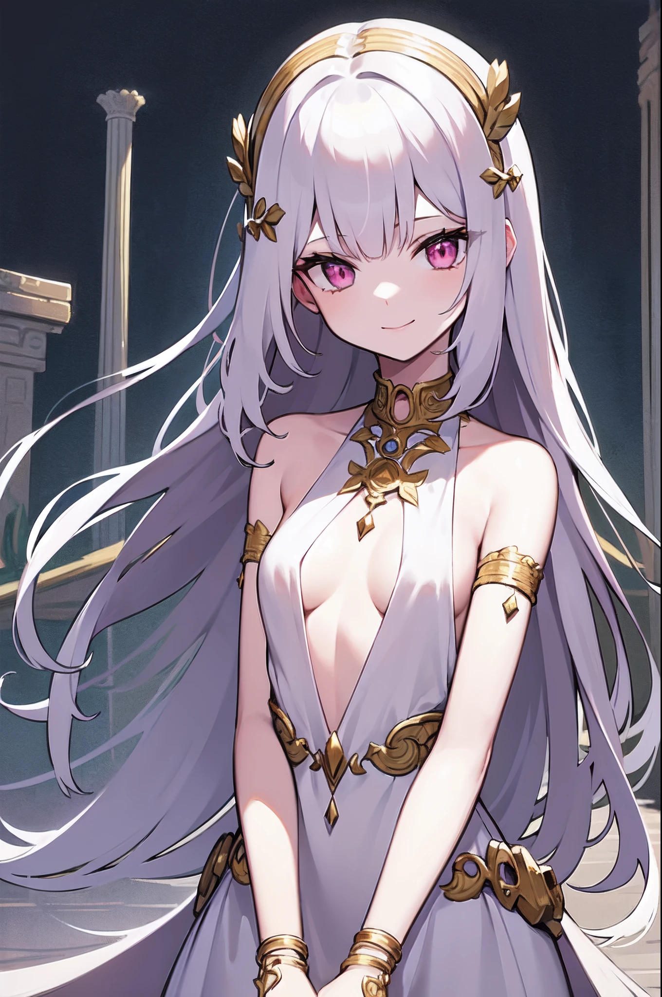 masterpiece, best quality, 16k, 1girl, solo, long hair, light hair, wavy hair, platinum hair, hair bangs, petite, (small breasts:1.1), rating:safe, pink eyes, hair between eyes, evil smile, wearing a peplos, ancient greek dress, gold bracelets, arms behind back, head tilt, evil queen, royalty, goddess, majestic, winter, winter forest, face only, upper body