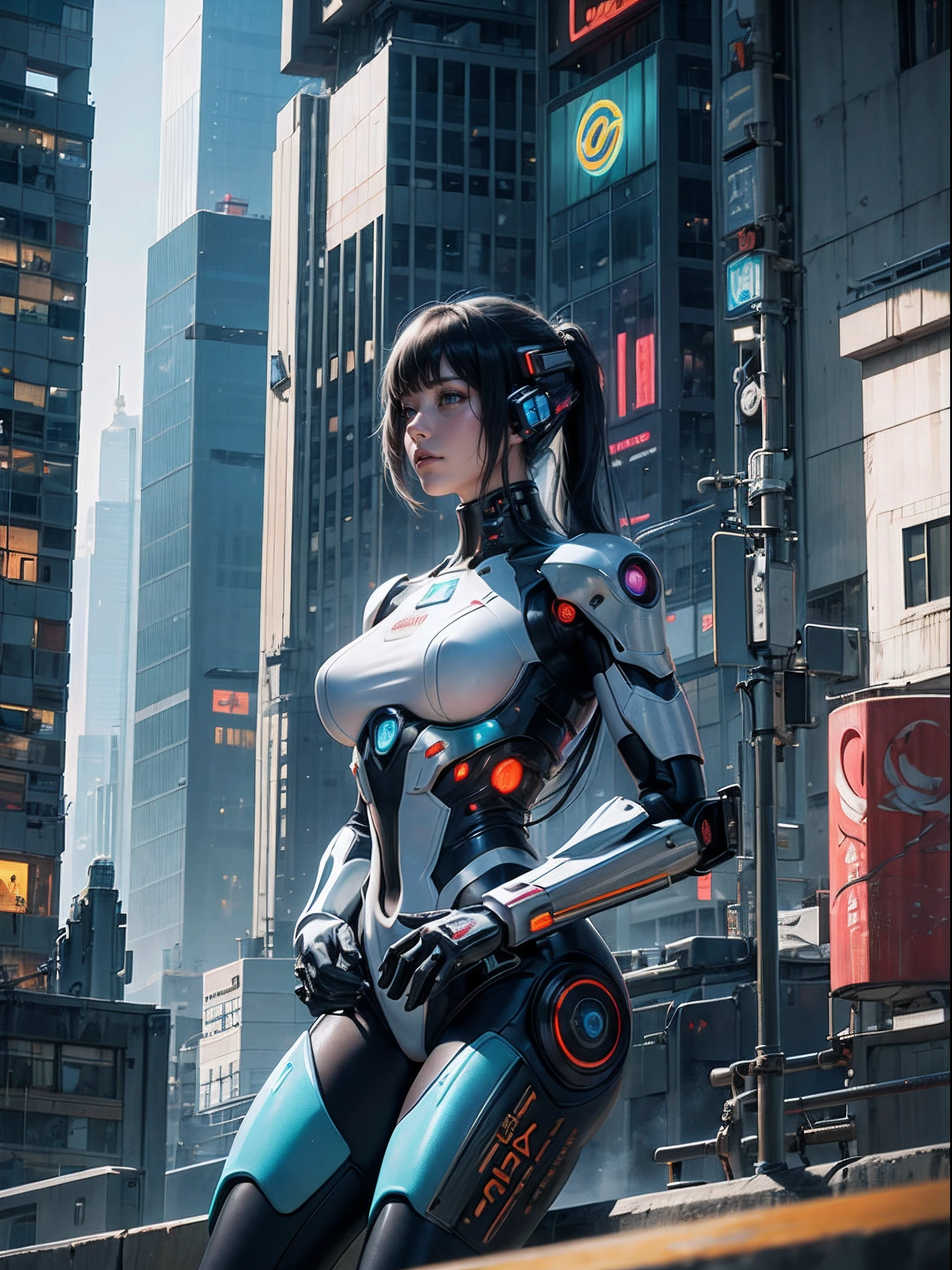 1girl, a beautiful girl cyborg cyberpunk with a cyberpunk city tall buildings, white and orange machine suit color combination, the body full of robot machine, have a hologram sytem, asian skin tone, cyber ear machine, suits is mecha, realistic machine, sci fi scape, manipulation is a masterpiece, long hair, masterpiece, suit of cyberpunk, realistic sci fi building texture mecha aestethic, digital cyberpunk, looming over a city, cyber technology, realistic hair, lots of hair, white of hair, realistic metal solid texture of building, realistic neon glow, realistic neon sign, wonderful side lighting, realistic futuristic cyberpunk building, realistic girl robot cyberpunk, fog, foogy, masterpiece of detail, RAW IMAGE, Bokeh of depth of field is masterpiece, motion Shoot, natural lighting, masterpiece lighting from side, realistic texture of skin, strong reflection, pose (pinterest) masterpiece,