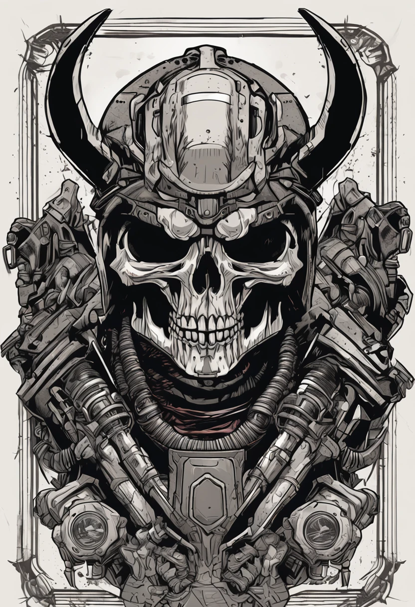 a skull with a helmet and a helmet on it, doom eternal art style, striking detailed artstyle, heavy metal art style, stylized cyberpunk minotaur logo, heavy metal tshirt design, doom inspired, detailed game art, of spiked gears of war skulls, darksiders art style, ultra detailed game art, style of hydro74, by Android Jones