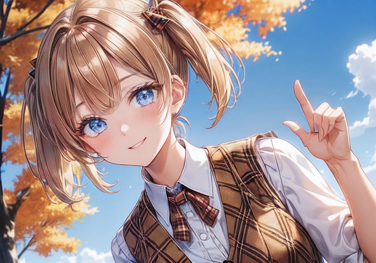 absurderes, ultra-detailliert,bright colour, extremely beautiful detailed anime face and eyes, view straight on, ;D, shiny_skin,25 years old, Short hair, , asymmetrical bangs, Blonde hair with short twin tails, Shiny hair, Delicate beautiful face, red blush、(Deep Blue Eyes:1.3), White skin, hair clips,  (Brown plaid vest:1.4)、Happy smile、I closed one eye、Slender body、(Blue sky in autumn:1.2)、(sun light)、a choker、