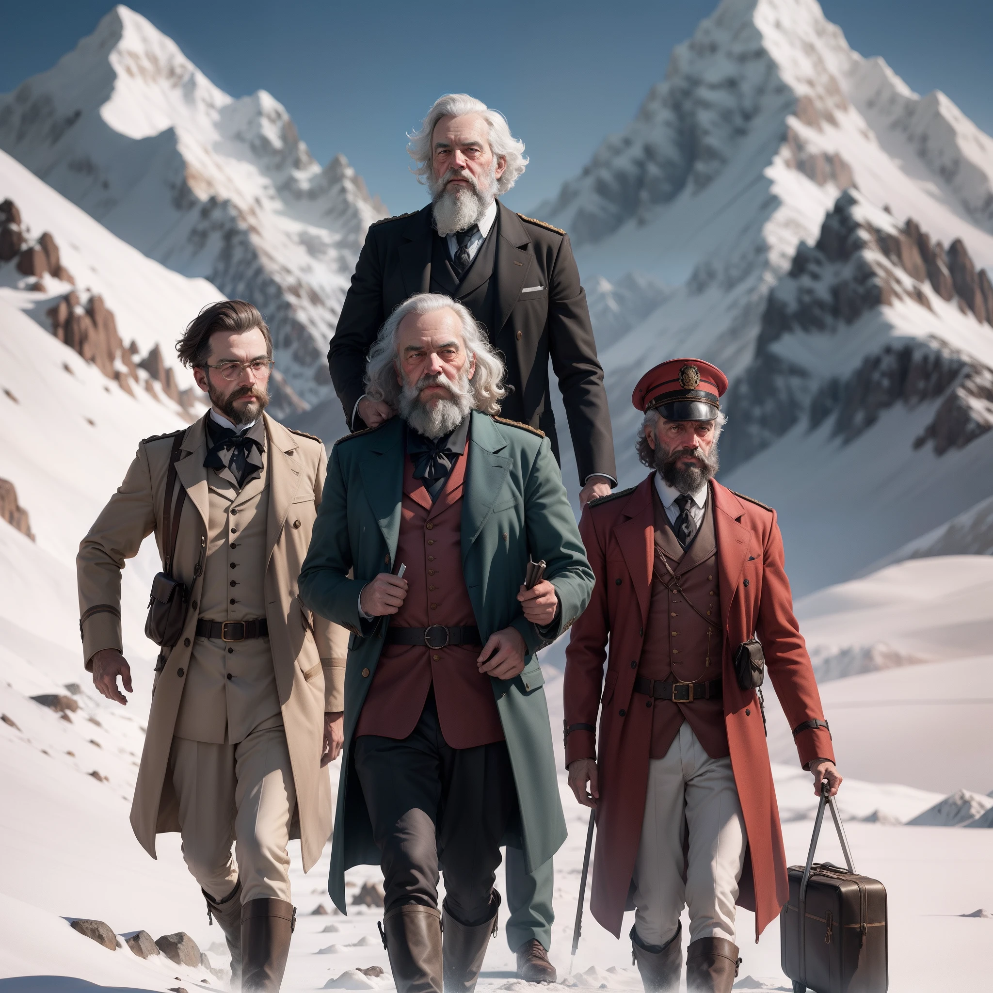 Karl Marx at Karakoram Mountain range leading Revolution with his comrades