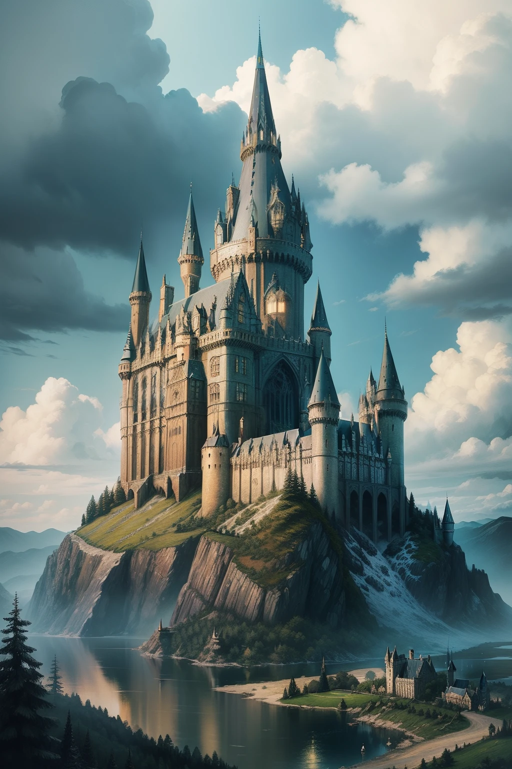 Detailed painting of Hogwarts castle in the afternoon in the style of Vincent van Gogh