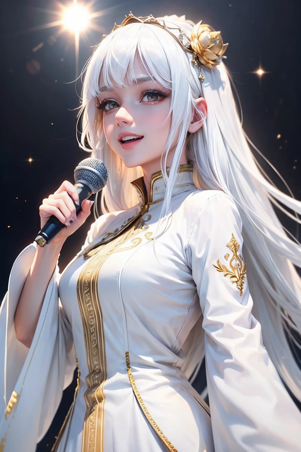 best quality, white hair, gold eyes, white clothes, looking up, upper body, hair strand, Fair skin, smiling, microphone, mouth is open