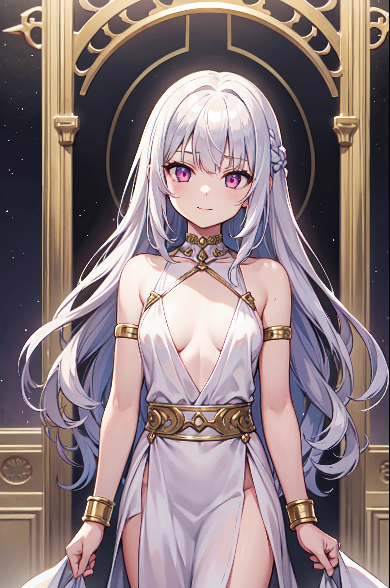 masterpiece, best quality, 16k, 1girl, solo, long hair, light hair, wavy hair, platinum hair, hair bangs, petite, (small breasts:1.1), rating:safe, pink eyes, hair between eyes, evil smile, wearing a peplos, ancient greek dress, gold bracelets, arms behind back, head tilt, evil queen, royalty, goddess, majestic, winter, winter forest, face only, upper body