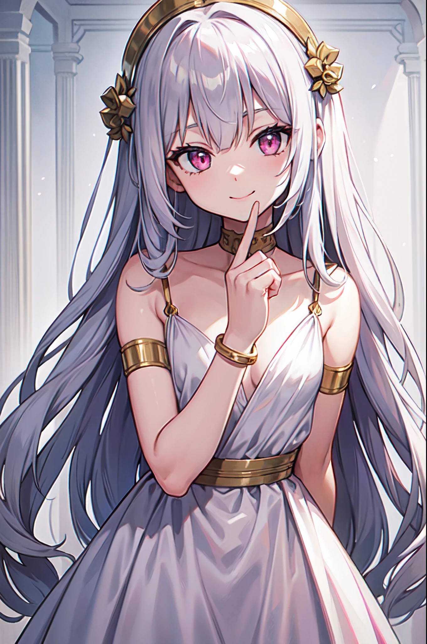 masterpiece, best quality, 16k, 1girl, solo, long hair, light hair, wavy hair, platinum hair, hair bangs, petite, (small breasts:1.1), rating:safe, pink eyes, hair between eyes, evil smile, wearing a peplos, ancient greek dress, gold bracelets, arms behind back, head tilt, evil queen, royalty, goddess, majestic, winter, winter forest, face only, upper body
