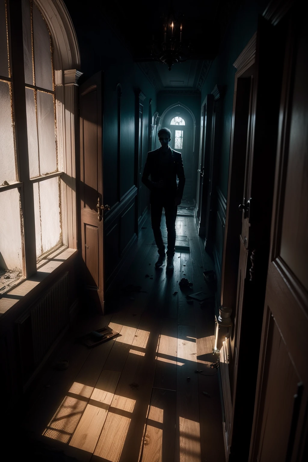 Young man from the coast with a lantern in his hand exploring an abandoned mansion with frightening shadows during a dark night with an air of mystery and suspense.