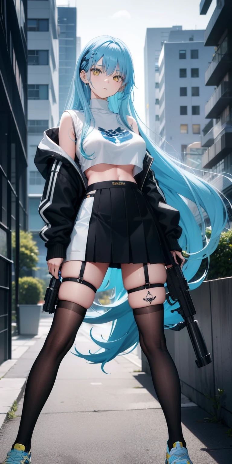light blue hair, long hair, yellow eyes, black sweater, short skirt, big boobs, tattoo on neck, black sport shoes, stocking, holding a gun, building, looking at camera, close up camera