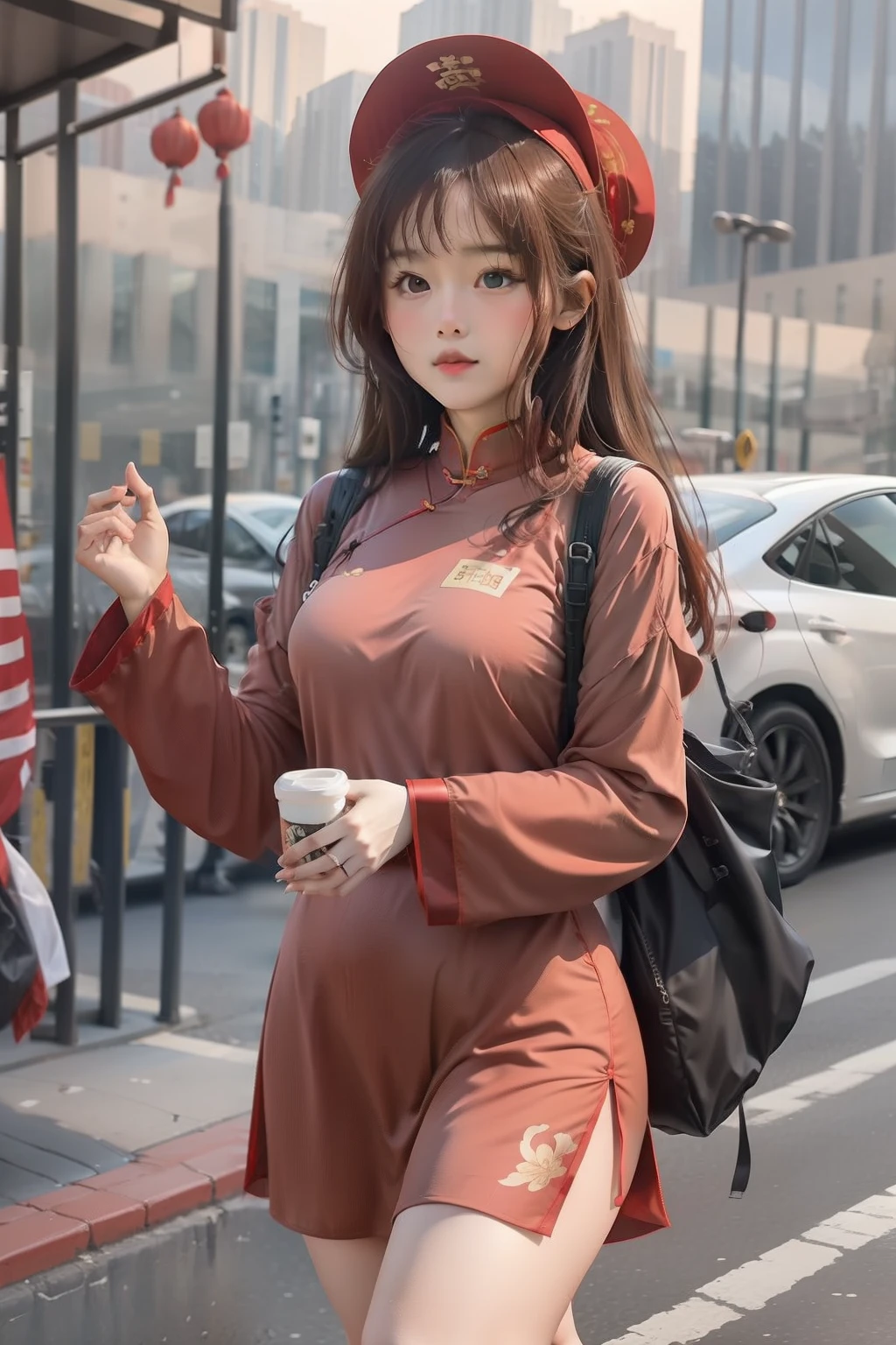 Soccer baby，Long legs，brunette color hair，Slightly fatter，Delicate facial features，Clothing Chinese cheongsam style，Clothing Chinese red is requested