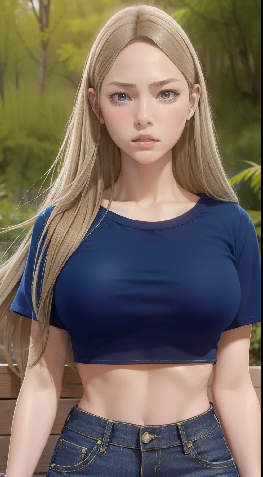 MiaChadef, long hair, blonde hair, brown eyes,
portrait, large breasts, short sleeves, crop top, jeans, standing, brown shirt, blue pants,
masterpiece, best quality,8k