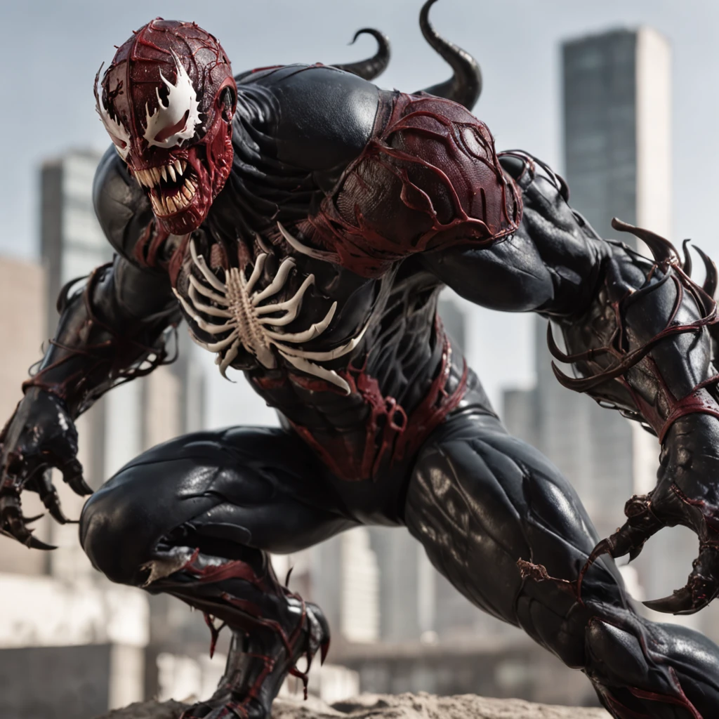 Very giant Venom symbiote attacking fighting a woman with black hair and a red costume, she is holding his neck from behind, angry, hanging while he screams. in a city with a somewhat destroyed environment, and some burning things, the afternoon. side view image