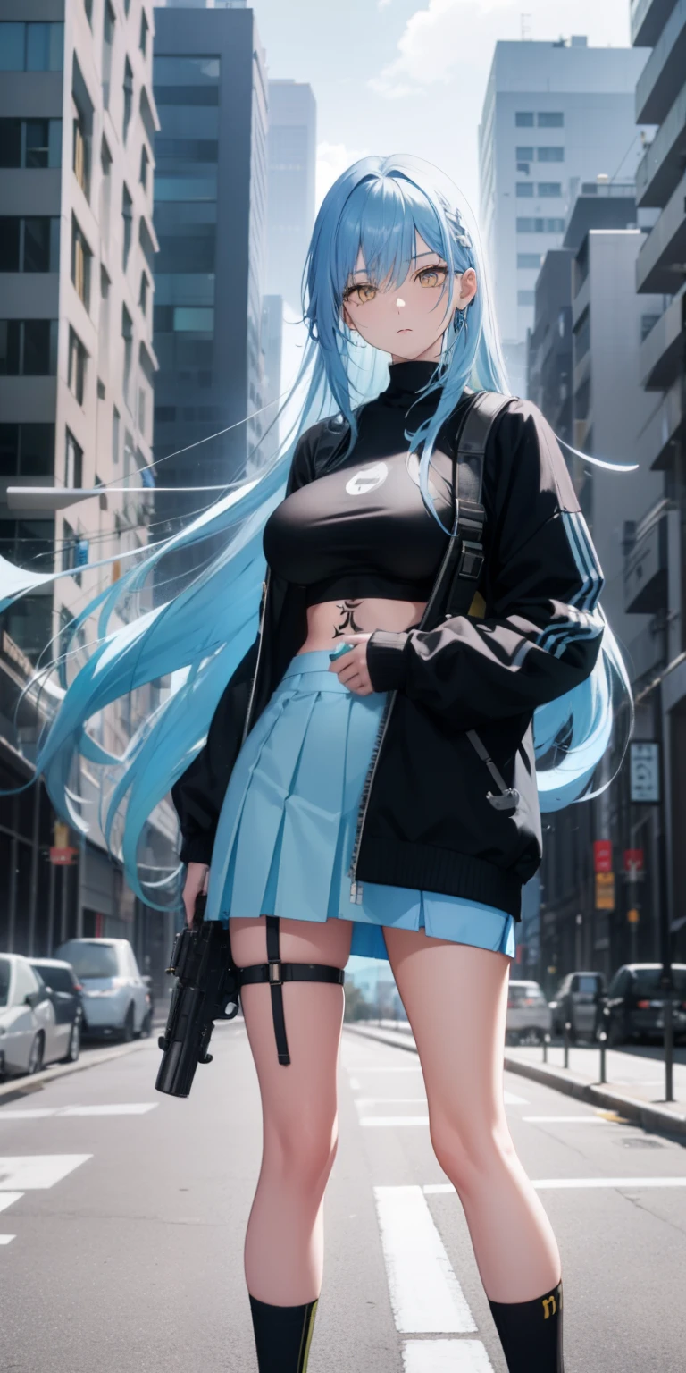 light blue hair, long hair, yellow eyes, black sweater, short skirt, big boobs, tattoo on neck, black sport shoes, stocking, holding a gun, building, looking at camera, close up camera