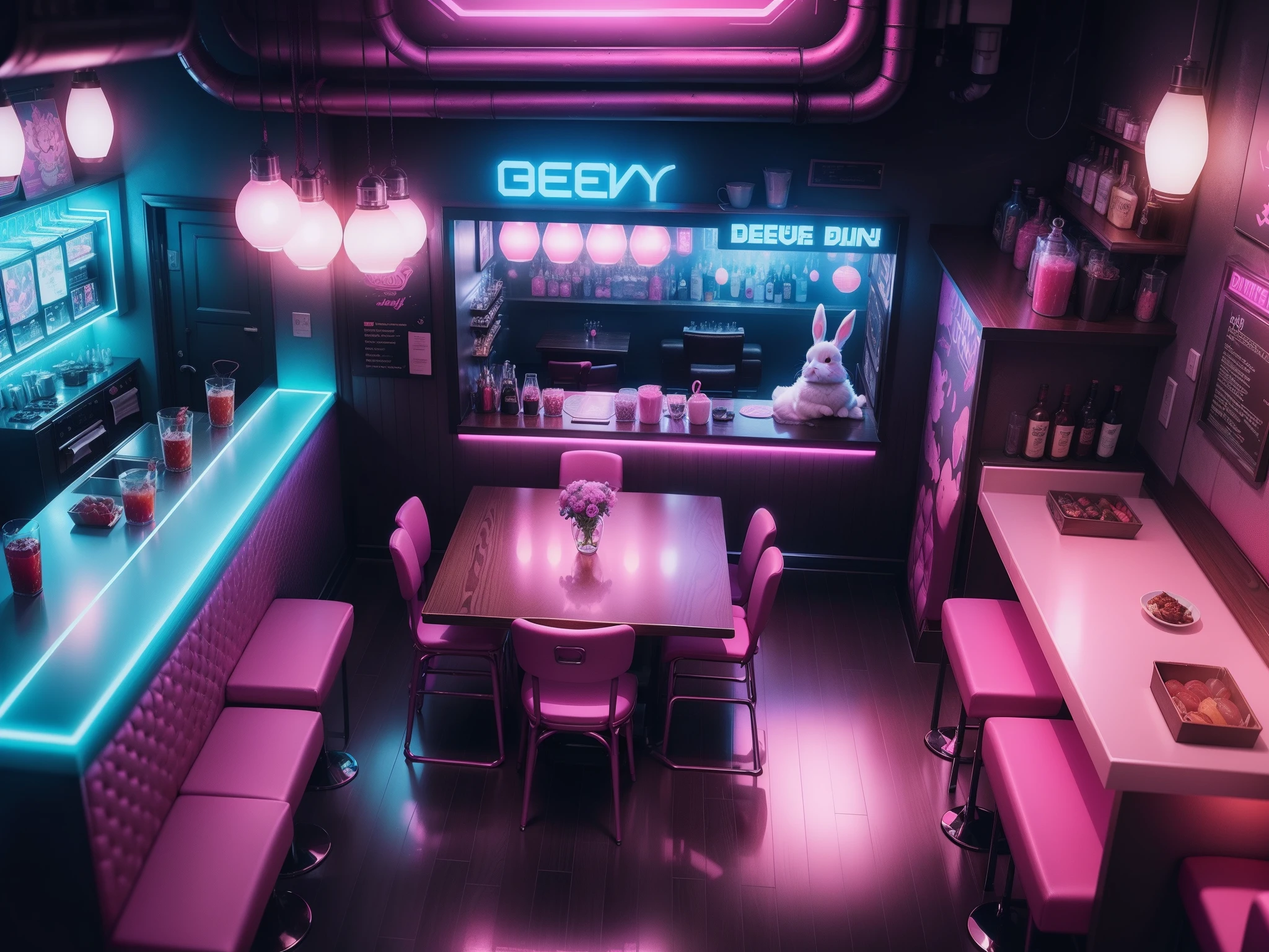 looking from above,90-degree perspective,Cyberpunk pink and blue light background, diner background, Bar background, tavern background, Mobile game background, cute bunny at the backside table, lounge background, Showcase, personal room background, 1128x191 resolution, upscale restaurant,