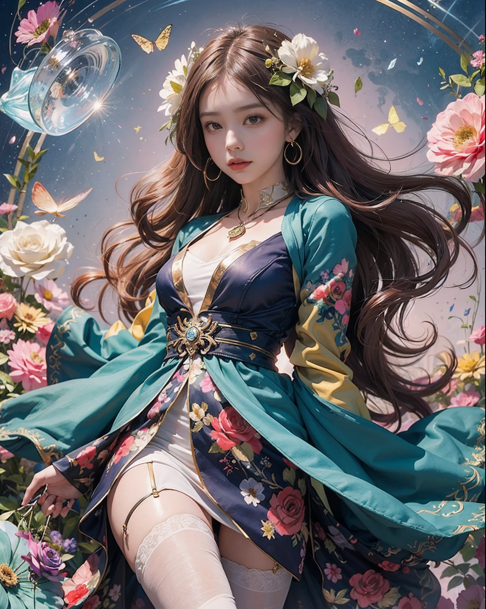 (the golden ratio:1.2),(Rose graffiti:1.2),(Fault Color:1.3),[(Bai:1.4)::10],(full body Esbian:1.2),(ultra-detailliert:1.3),(tarot：1.6）、（a sorceress（tarot）：1.6）、（paper：1.2）、（Leprechaun：1.6）、（fairy wings：1.2）、full body Esbian、Standing in the air、（Cool：1.2）、（long red hair),(butterfly hair ornament),(Floral hair ornament:1.0),((sandal,Locket)),(Colorful Cocktail Long Dress:1.0)+(Loose sleeves coat:1.3)+(Floating colorful tassels and ribbons:1.2) ),(white stockings:1.2),(Colorful ink paper flowers growing on the face:1.2),(Sea of colorful flowers:1.3),(Chaotic geometric images:1.3),(negative space:0.8),(Drawing board:1.3 )、(Ether Colorful Ink Flow:1.3)Finish as shown in the photo、The background is also finished like a photo、