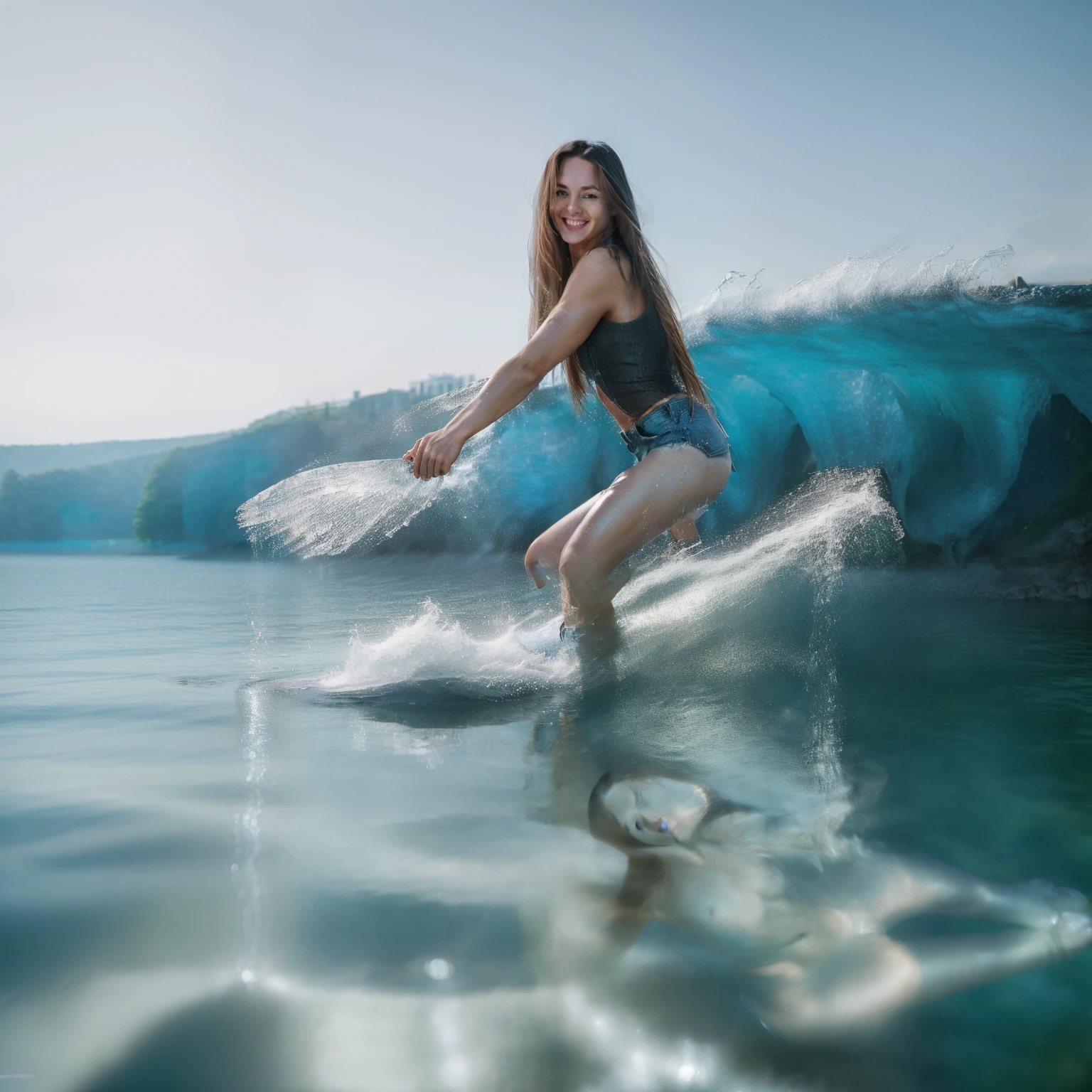masterpiece, best quality, ultra-detailed),(1girl), blue eyes, long hair, brunette, dynamic angle, dynamic pose, natural lighting, floating, (light green top), (jeans:1.2|leather pants:0.9), (silver bracelet:1.2|watch), (natural background:0.8| cityscape), (smiling:0.8| serious expression), (light in the hair), many drops of water:0.8