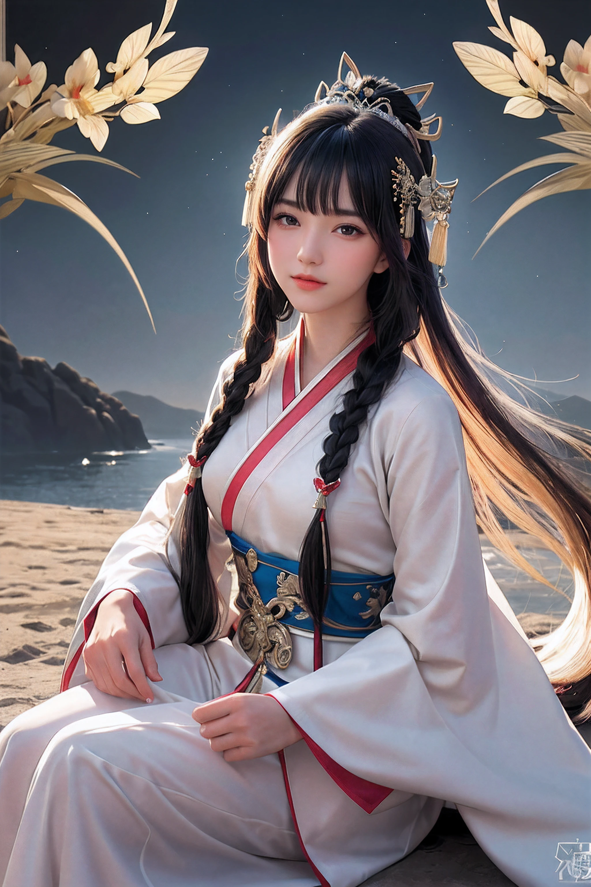close up on face, Ultra-fine face,femele, China-style, Ancient wind,Hanfu, Sit Pose, long whitr hair, Delicate clothing patterns, ellegance, opulent, ellegance, ssmile,Skysky, Ribbons,Sense of brokenness, ruri, Buble, Double up braid, Hairline, slanted bangs, shairband, hair adornments,glitters, cinmatic lighting, hyper HD, A high resolution, best qualtiy, 8K, high detal, high qulity, super detailing, anatomy correct, tmasterpiece, ccurate,plump,landscape painting,screen