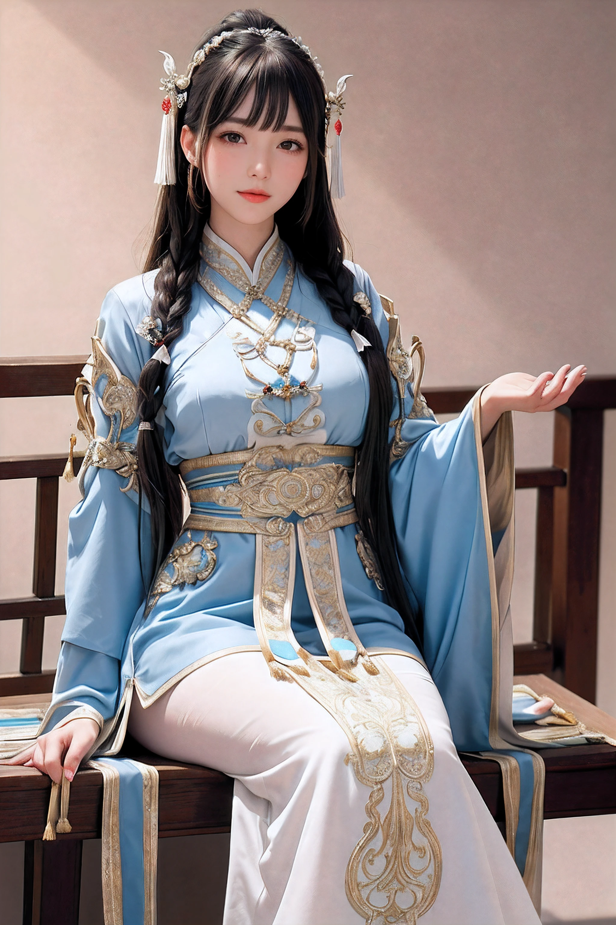 close up on face， Ultra-fine face，femele， China-style， Ancient wind，Hanfu， Sit Pose， long whitr hair， Delicate clothing patterns， ellegance， opulent， ellegance， ssmile，Skysky， Ribbons，Sense of brokenness， ruri， Buble， Double up braid， Hairline， slanted bangs， shairband， hair adornments，glitters， cinmatic lighting，  hyper HD， A high resolution， best qualtiy， 8K， high detal， high qulity， super detailing， anatomy correct， tmasterpiece， ccurate，plump，landscape painting，screen