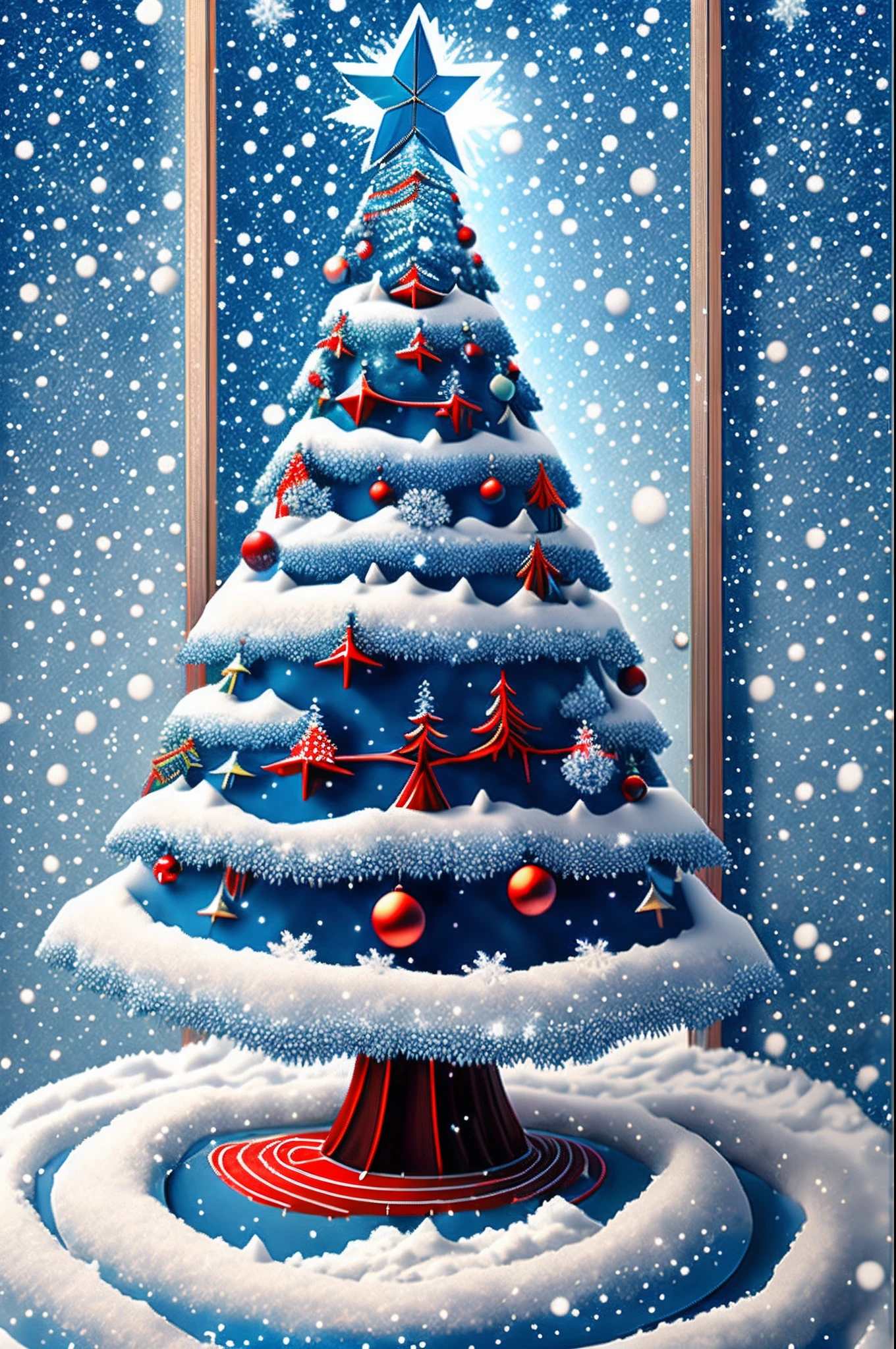 a christmas pine tree made of snowflakes on a blue background, a digital rendering, by Aleksander Gierymski, wallpaper”, tiny bright blue and red lines, 3 2 x 3 2, with many fine embellishments, travel, no text, pixel, : :, slash background, shimmering cloud and spiral, snow --auto --s2