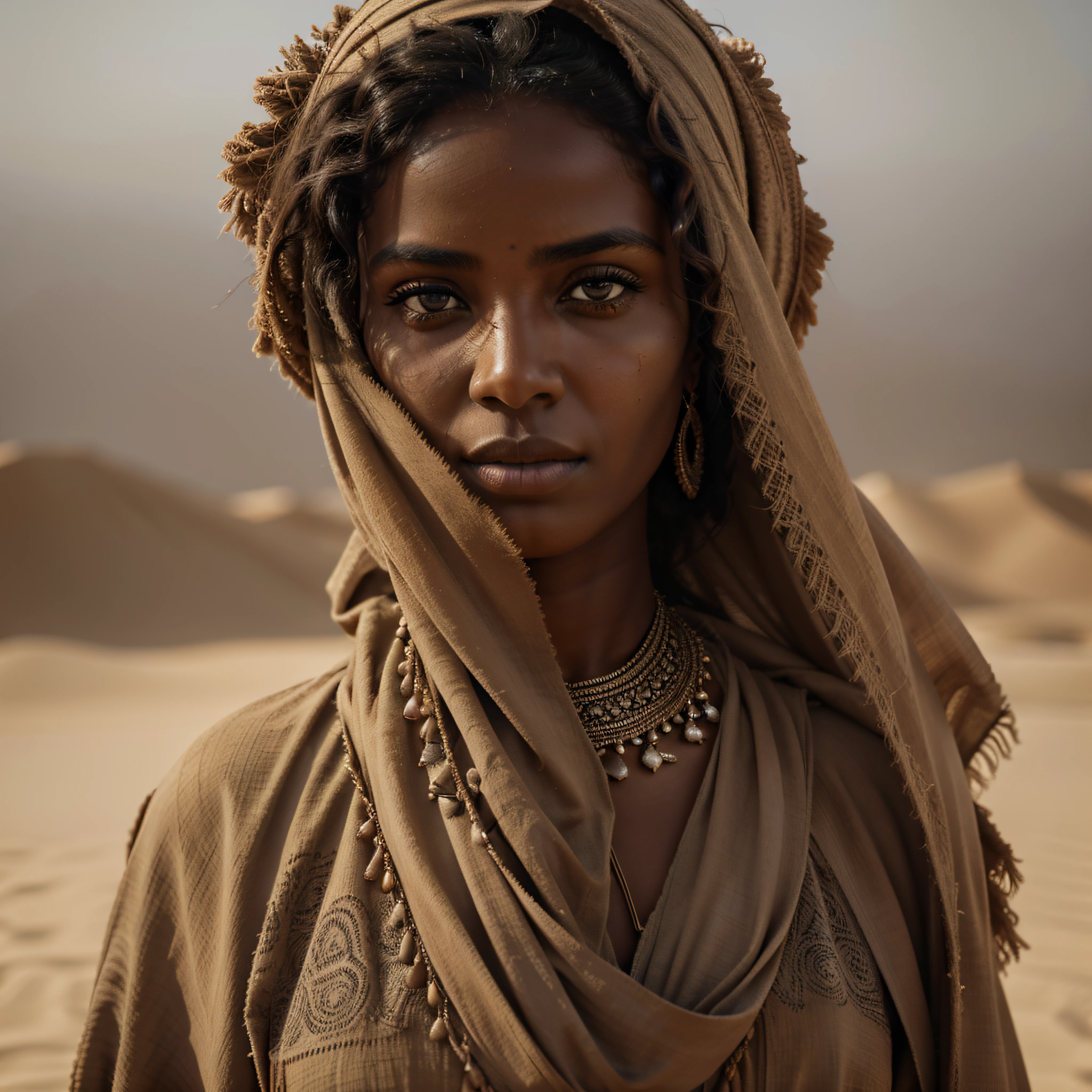 (raw photograph, masterpiece, uhd, 8k, shallow depth of field, colour graded, cold colours, low contrast, shallow black colour, narrow angle, rule of thirds), a dynamic portrait of one somali woman in desert clothes during a sandstorm, long shabby hair, (natural skin), defined facial features, desert background, dusty atmosphere, intricate clothing details, complex character, authentic facial expression evoking emotions, deep gaze, detailed eyes