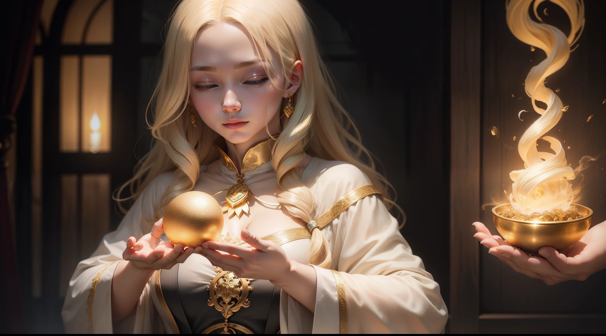 One Blonde Witch、Meditating、Holding the gold nugget with both hands、Beautiful and bewitching、、high-level image quality、High-spec camera shooting、A hyper-realistic