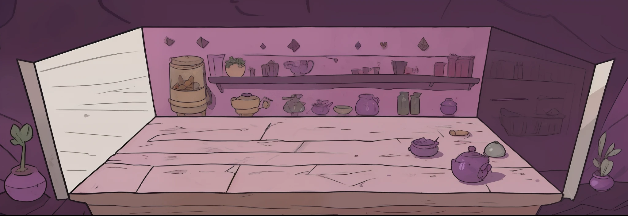 a alchemist shop with potions, a cauldron, plants, mortar and pestle, purple color scheme