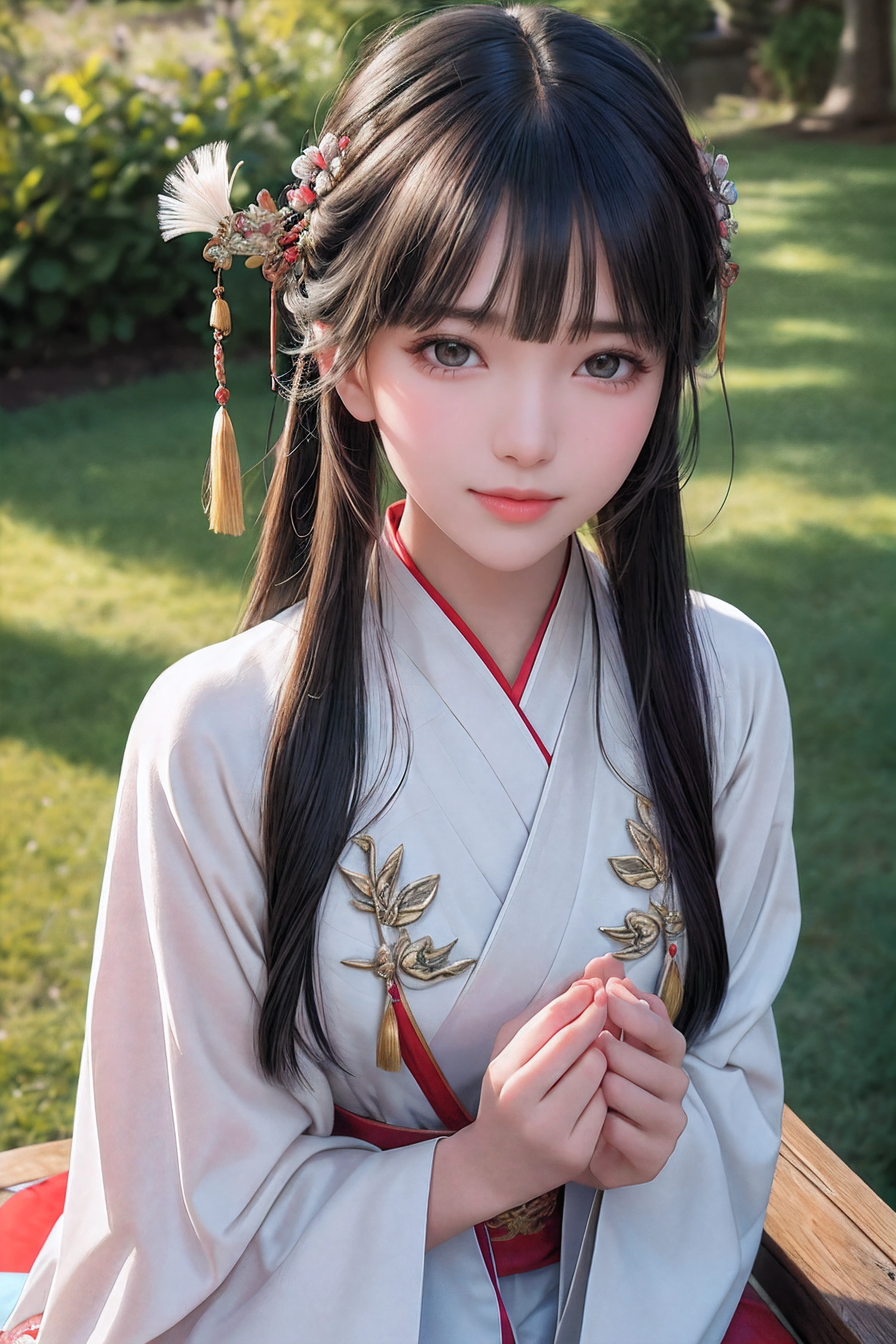close up on face, Ultra-fine face,femele, China-style, Ancient wind,Hanfu, Sit Pose, long whitr hair, Delicate clothing patterns, ellegance, opulent, ellegance, ssmile,Skysky, Ribbons,Sense of brokenness, ruri, Buble, Double up braid, Hairline, slanted bangs, shairband, hair adornments,glitters, cinmatic lighting, hyper HD, A high resolution, best qualtiy, 8K, high detal, high qulity, super detailing, anatomy correct, tmasterpiece, ccurate,plump,landscape painting,screen