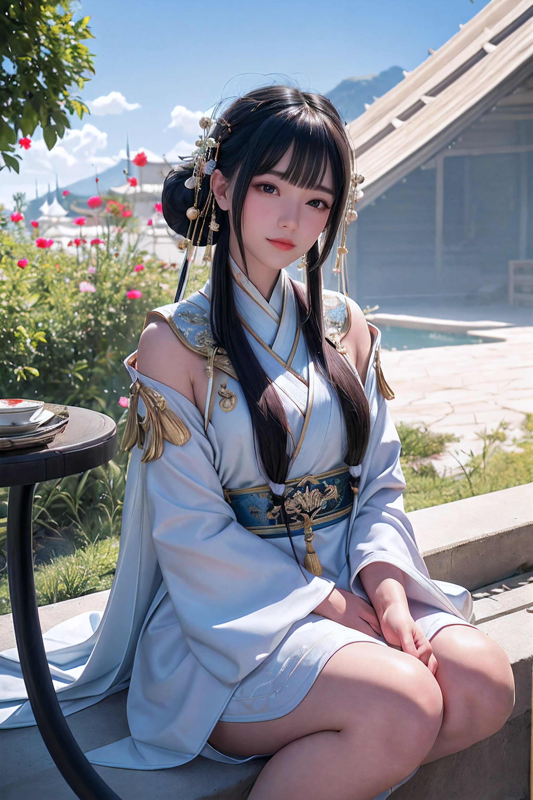 close up on face， Ultra-fine face，femele， China-style， Ancient wind，Hanfu， Sit Pose， long whitr hair， Delicate clothing patterns， ellegance， opulent， ellegance， ssmile，Skysky， Ribbons，Sense of brokenness， ruri， Buble， Double up braid， Hairline， slanted bangs， shairband， hair adornments，glitters， cinmatic lighting，  hyper HD， A high resolution， best qualtiy， 8K， high detal， high qulity， super detailing， ??????? correct， tmasterpiece， ccurate，plump，landscape painting，screen