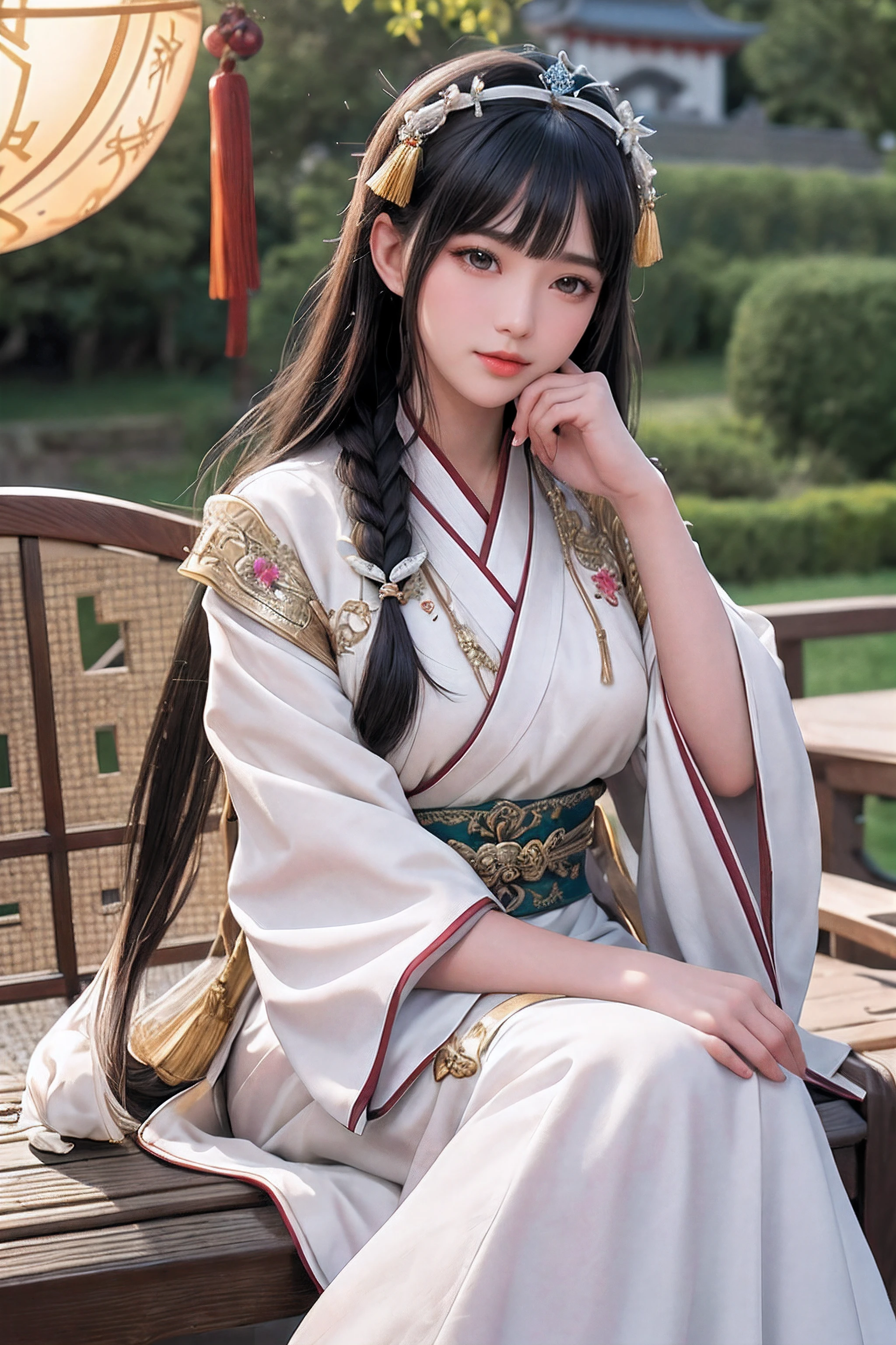 close up on face, Ultra-fine face,femele, China-style, Ancient wind,Hanfu, Sit Pose, long whitr hair, Delicate clothing patterns, ellegance, opulent, ellegance, ssmile,Skysky, Ribbons,Sense of brokenness, ruri, Buble, Double up braid, Hairline, slanted bangs, shairband, hair adornments,glitters, cinmatic lighting, hyper HD, A high resolution, best qualtiy, 8K, high detal, high qulity, super detailing, anatomy correct, tmasterpiece, ccurate,plump,landscape painting,screen