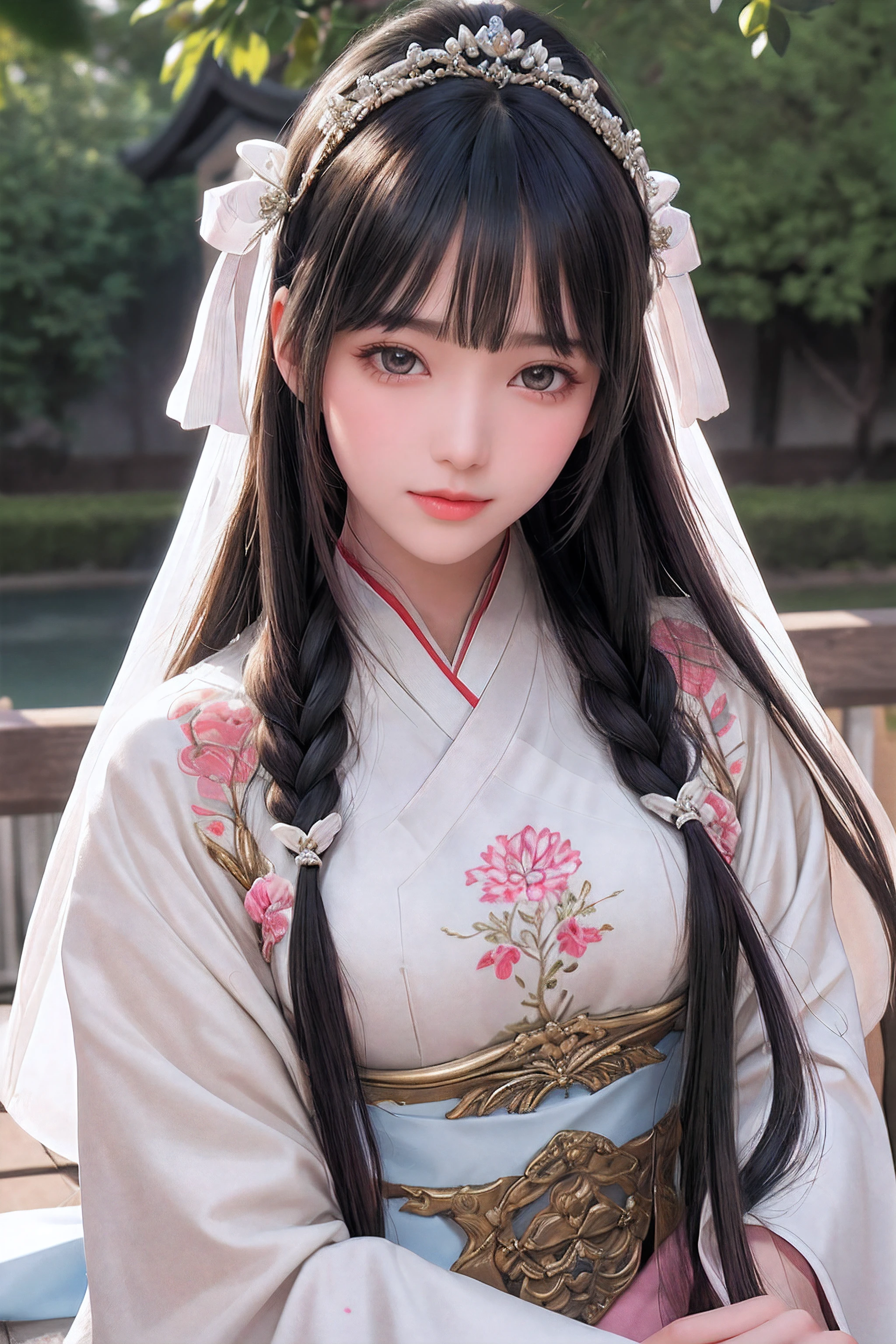 close up on face, Ultra-fine face,femele, China-style, Ancient wind,Hanfu, Sit Pose, long whitr hair, Delicate clothing patterns, ellegance, opulent, ellegance, ssmile,Skysky, Ribbons,Sense of brokenness, ruri, Buble, Double up braid, Hairline, slanted bangs, shairband, hair adornments,glitters, cinmatic lighting, hyper HD, A high resolution, best qualtiy, 8K, high detal, high qulity, super detailing, anatomy correct, tmasterpiece, ccurate,plump,landscape painting,screen