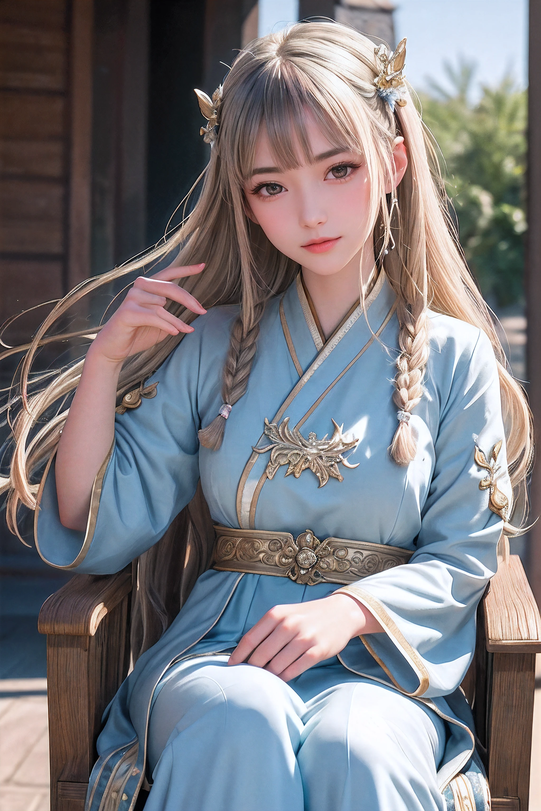 close up on face, Ultra-fine face,femele, China-style, Ancient wind,Hanfu, Sit Pose, long whitr hair, Delicate clothing patterns, ellegance, opulent, ellegance, ssmile,Skysky, Ribbons,Sense of brokenness, ruri, Buble, Double up braid, Hairline, slanted bangs, shairband, hair adornments,glitters, cinmatic lighting, hyper HD, A high resolution, best qualtiy, 8K, high detal, high qulity, super detailing, ??????? correct, tmasterpiece, ccurate,plump,landscape painting,screen