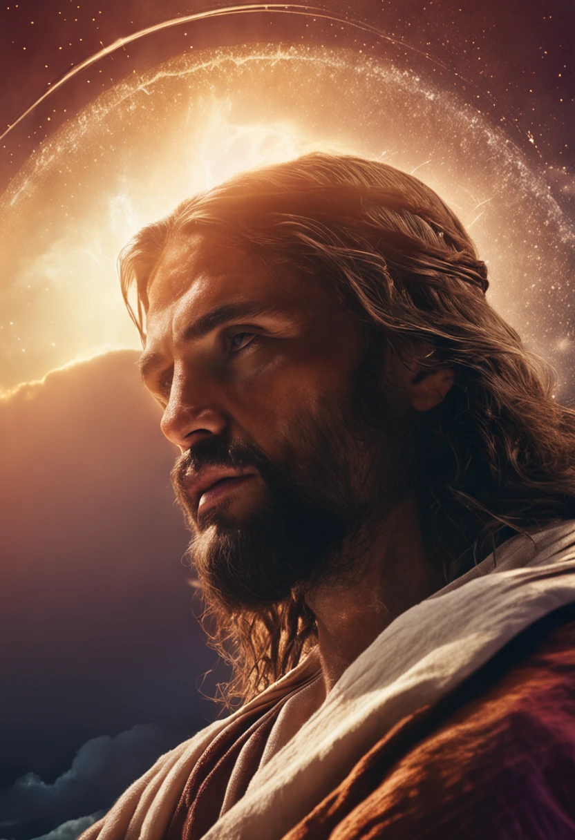 face of Jesus Christ with a halo and the sea in the background