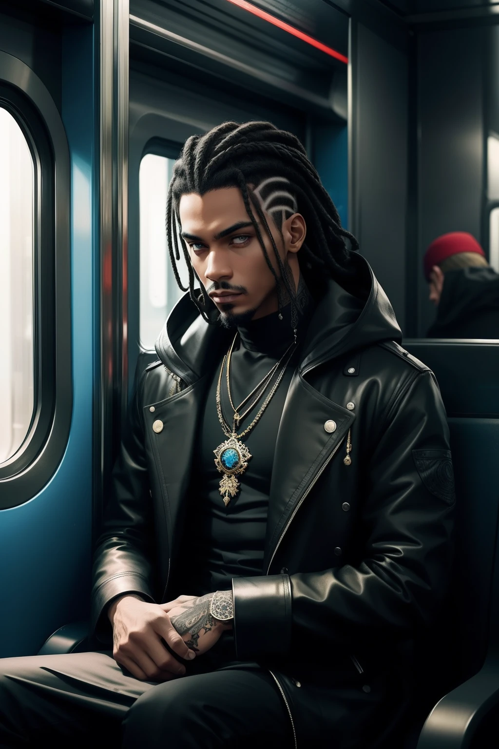 Araffes on a subway train with a man in a black outfit, inspirado em Hedi Xandt, tomada em 2 0 2 0, in a subway, Maxim Sukharev, Cyberpunk))), roupa intrigante, Anton Fadeev 8 K, na cidade, Directed by: Hedi Xandt, 1614572159 simetria, um rei preto em correntes de ouro e voltado apenas para a frente, brilho, preto e branco, fundo branco, sem fundo, linha fina de tinta estilizada, vetor, desenho de tatuagem, African pattern hair