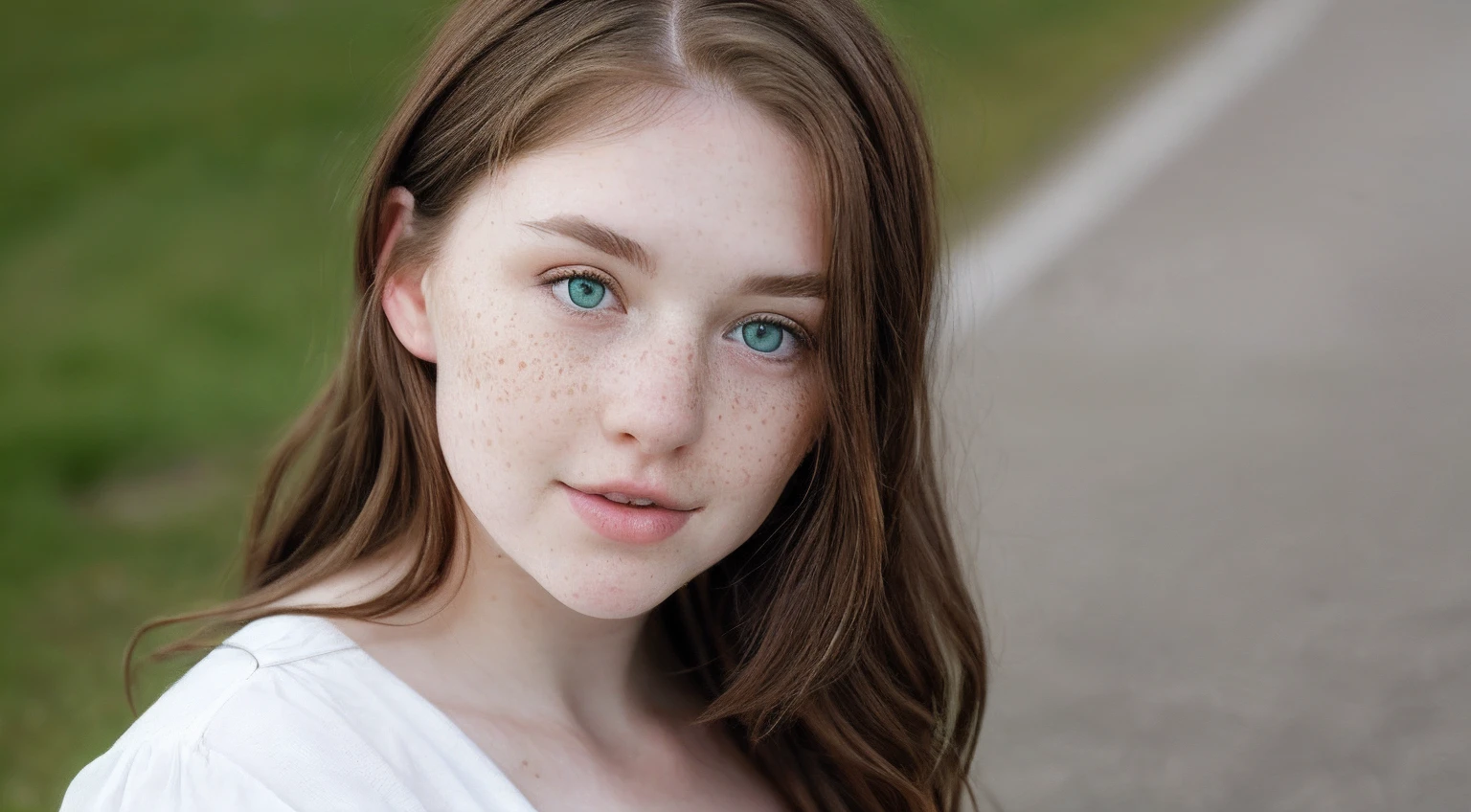 Woman with brown hair with green eyes, round face with white skin with a few freckles, irish appearance, rounded features, photo showing woman from the waist up, close up front view