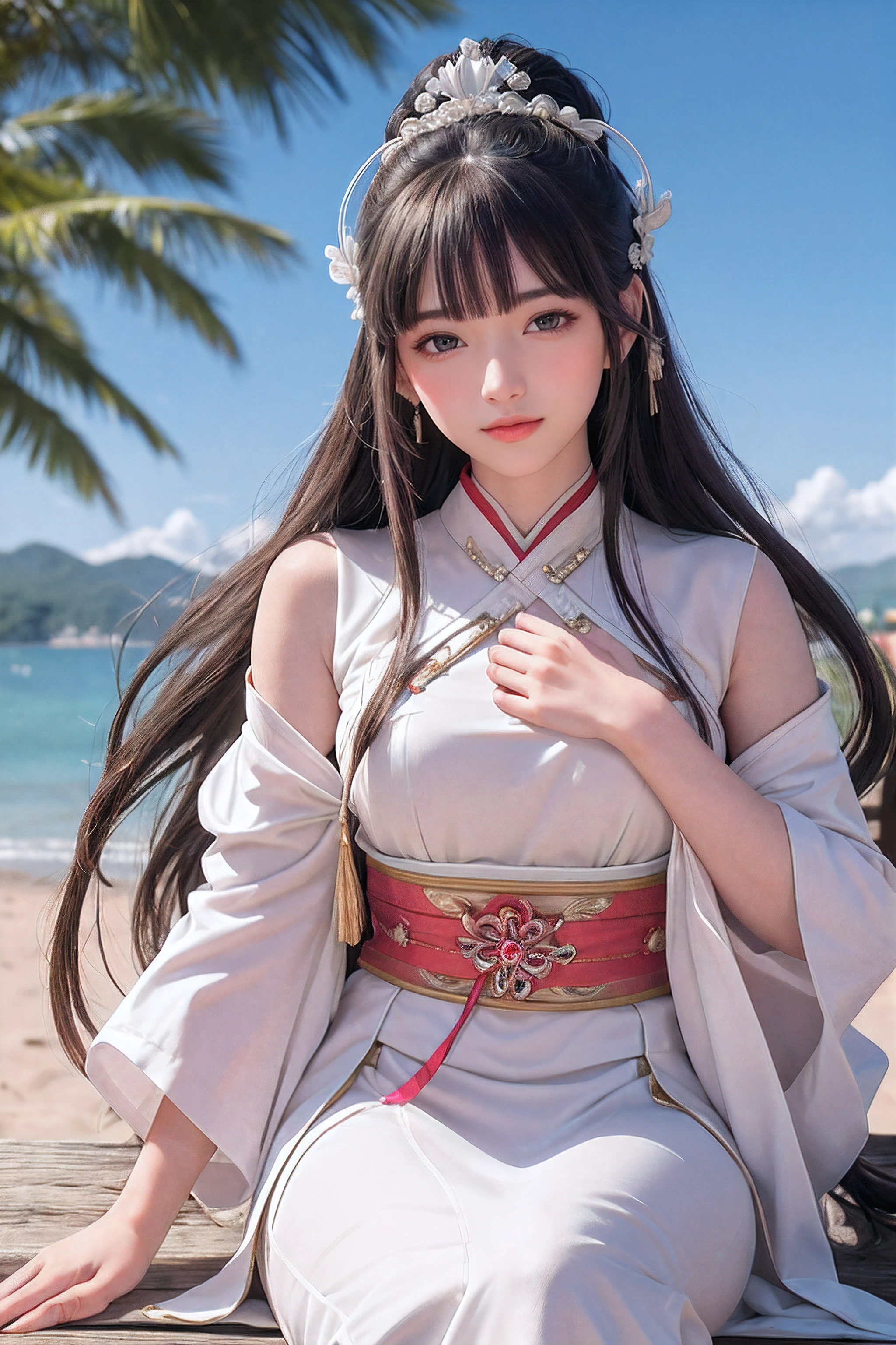 beautiful young korean kpop idol,light pink dress,black hair,snow mountain top, ancient chinese clothes,luxurious silk, long beautiful flowing kimono, hanfu,ancient chinese palace , flowing robe,best quality,reality,,fantasy, trending on cgstation, palace ,slim ,thighs,clavicle,medium breasts,chinese style hair