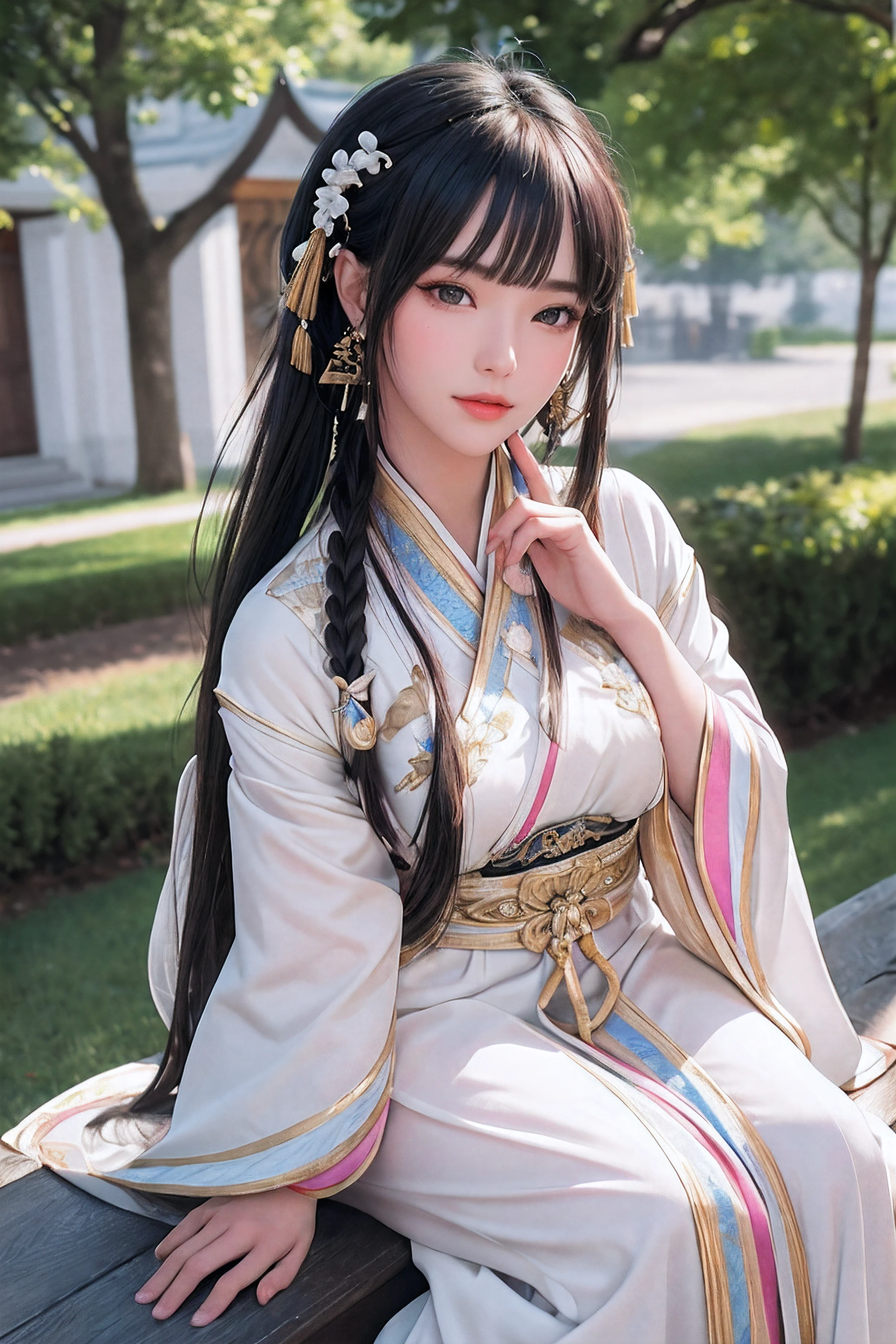 close up on face, Ultra-fine face,femele, China-style, Ancient wind,Hanfu, Sit Pose, long whitr hair, Delicate clothing patterns, ellegance, opulent, ellegance, ssmile,Skysky, Ribbons,Sense of brokenness, ruri, Buble, Double up braid, Hairline, slanted bangs, shairband, hair adornments,glitters, cinmatic lighting, hyper HD, A high resolution, best qualtiy, 8K, high detal, high qulity, super detailing, anatomy correct, tmasterpiece, ccurate,plump,landscape painting,screen