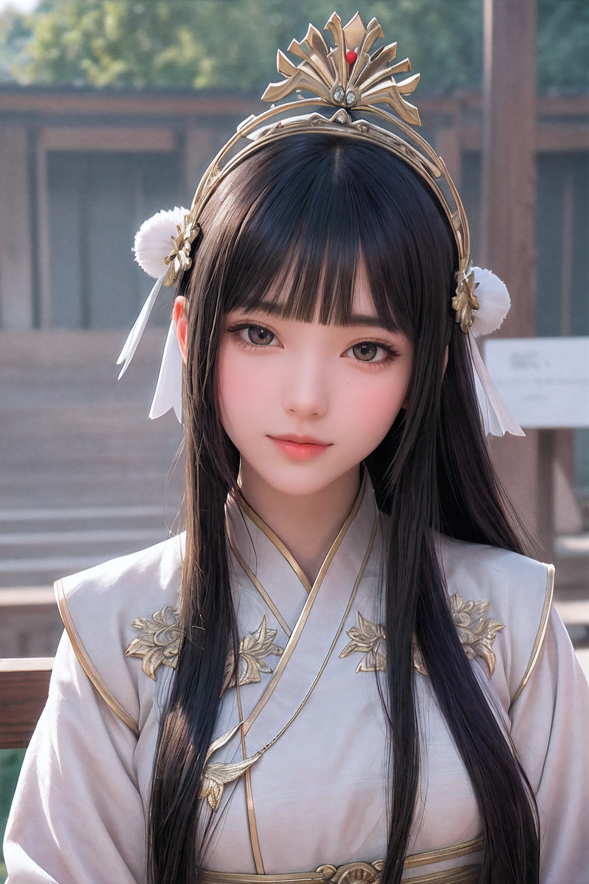 close up on face, Ultra-fine face,femele, China-style, Ancient wind,Hanfu, Sit Pose, long whitr hair, Delicate clothing patterns, ellegance, opulent, ellegance, ssmile,Skysky, Ribbons,Sense of brokenness, ruri, Buble, Double up braid, Hairline, slanted bangs, shairband, hair adornments,glitters, cinmatic lighting, hyper HD, A high resolution, best qualtiy, 8K, high detal, high qulity, super detailing, anatomy correct, tmasterpiece, ccurate,plump,landscape painting,screen