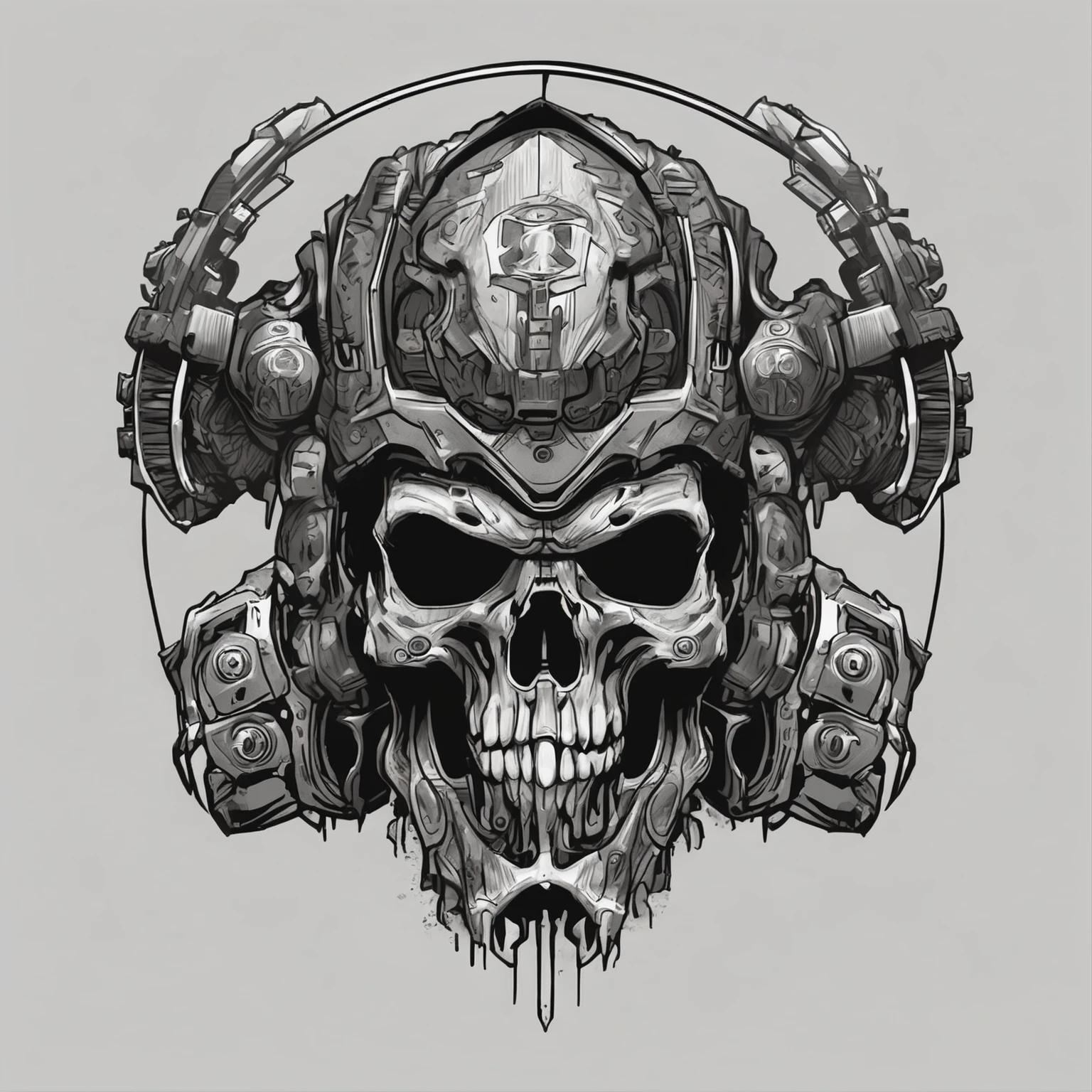 a skull with a helmet and a helmet on it, doom eternal art style, striking detailed artstyle, heavy metal art style, stylized cyberpunk minotaur logo, heavy metal tshirt design, doom inspired, detailed game art, of spiked gears of war skulls, darksiders art style, ultra detailed game art, style of hydro74, by Android Jones HD