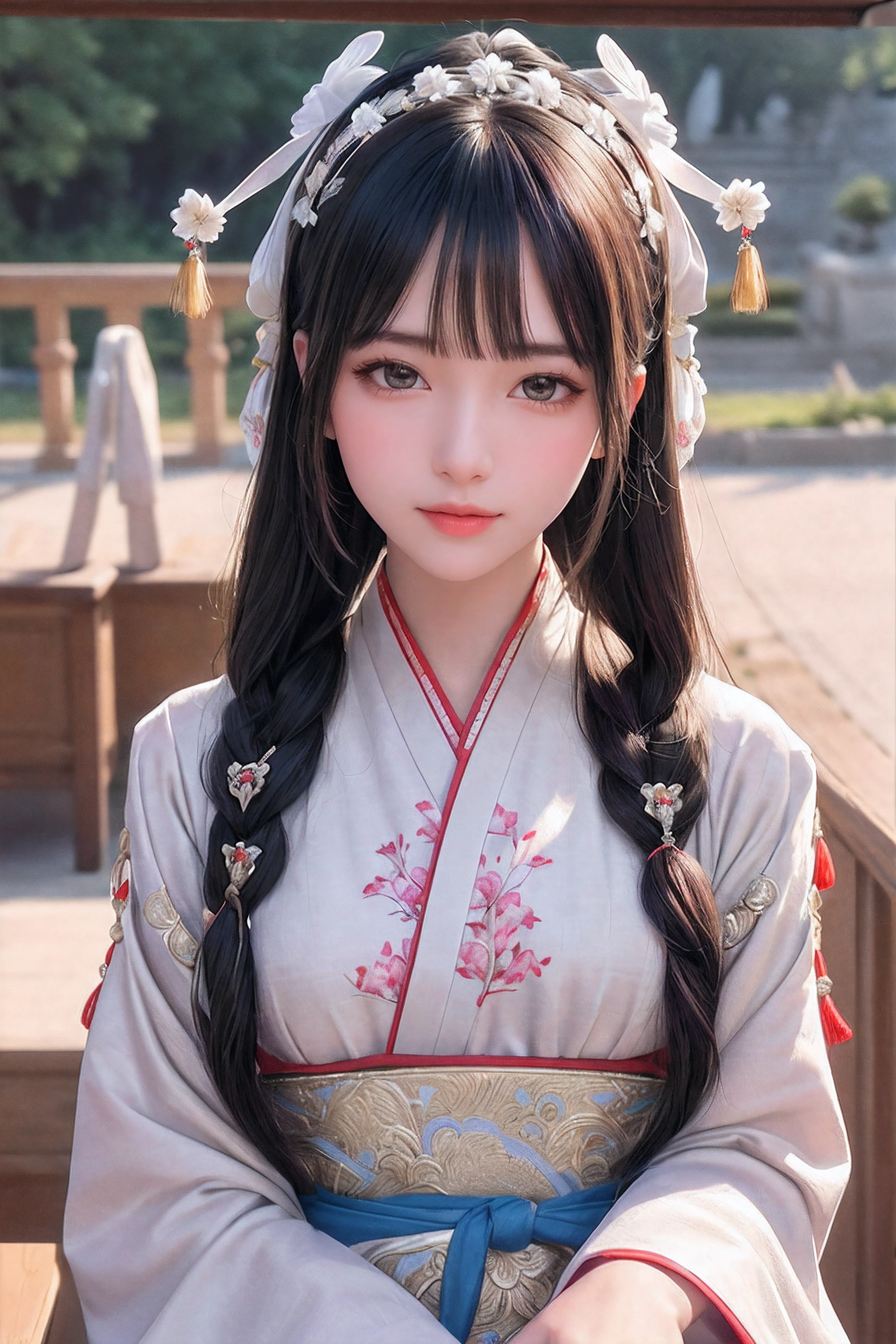 close up on face, Ultra-fine face,femele, China-style, Ancient wind,Hanfu, Sit Pose, long whitr hair, Delicate clothing patterns, ellegance, opulent, ellegance, ssmile,Skysky, Ribbons,Sense of brokenness, ruri, Buble, Double up braid, Hairline, slanted bangs, shairband, hair adornments,glitters, cinmatic lighting, hyper HD, A high resolution, best qualtiy, 8K, high detal, high qulity, super detailing, anatomy correct, tmasterpiece, ccurate,plump,landscape painting,screen